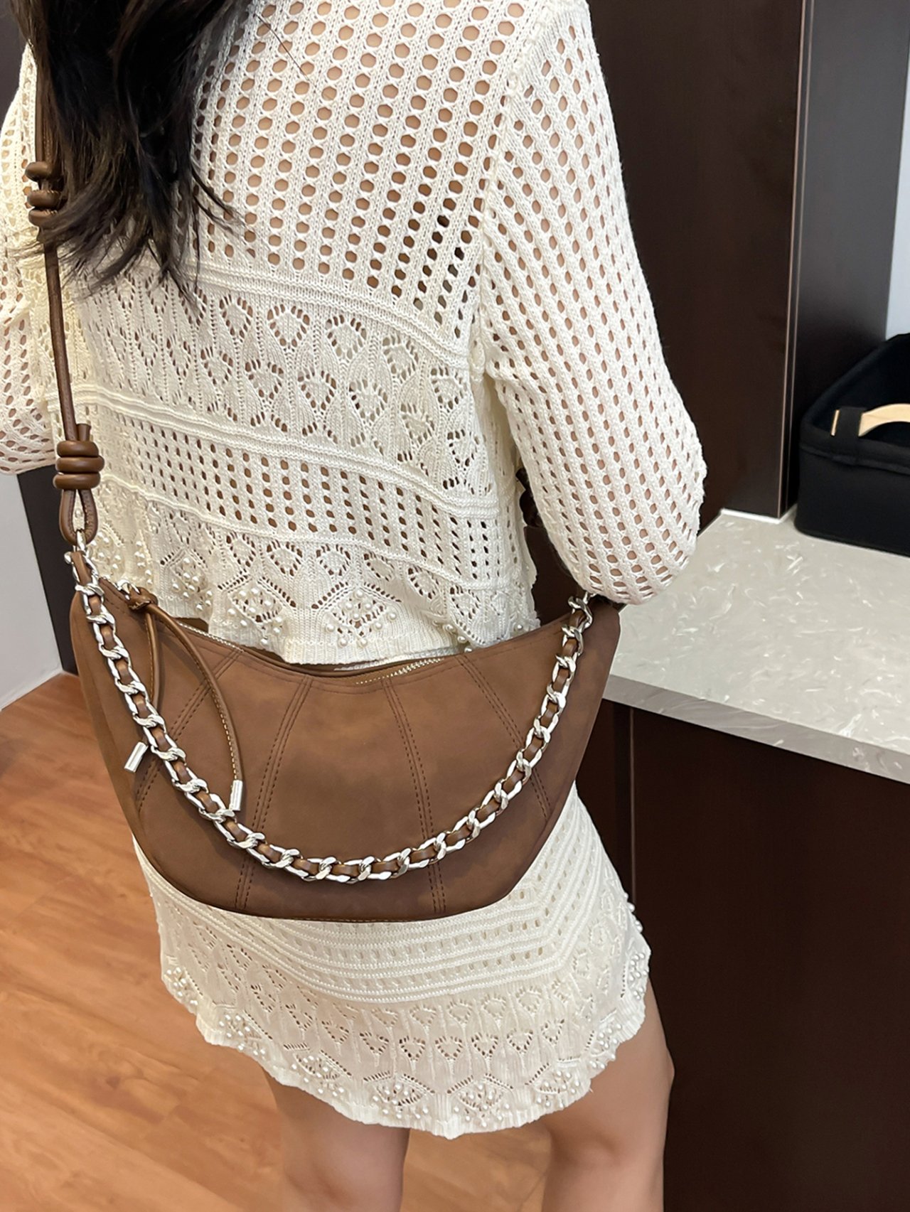 Coffee Brown Croissant Crossbody Bag with Chain Strap