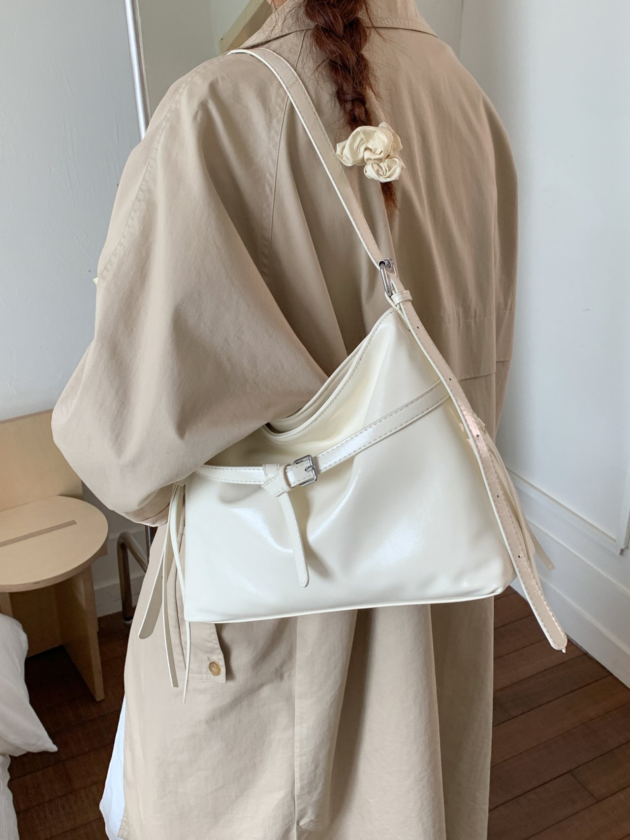 Off-White Crossbody Bag with Buckle  Detail