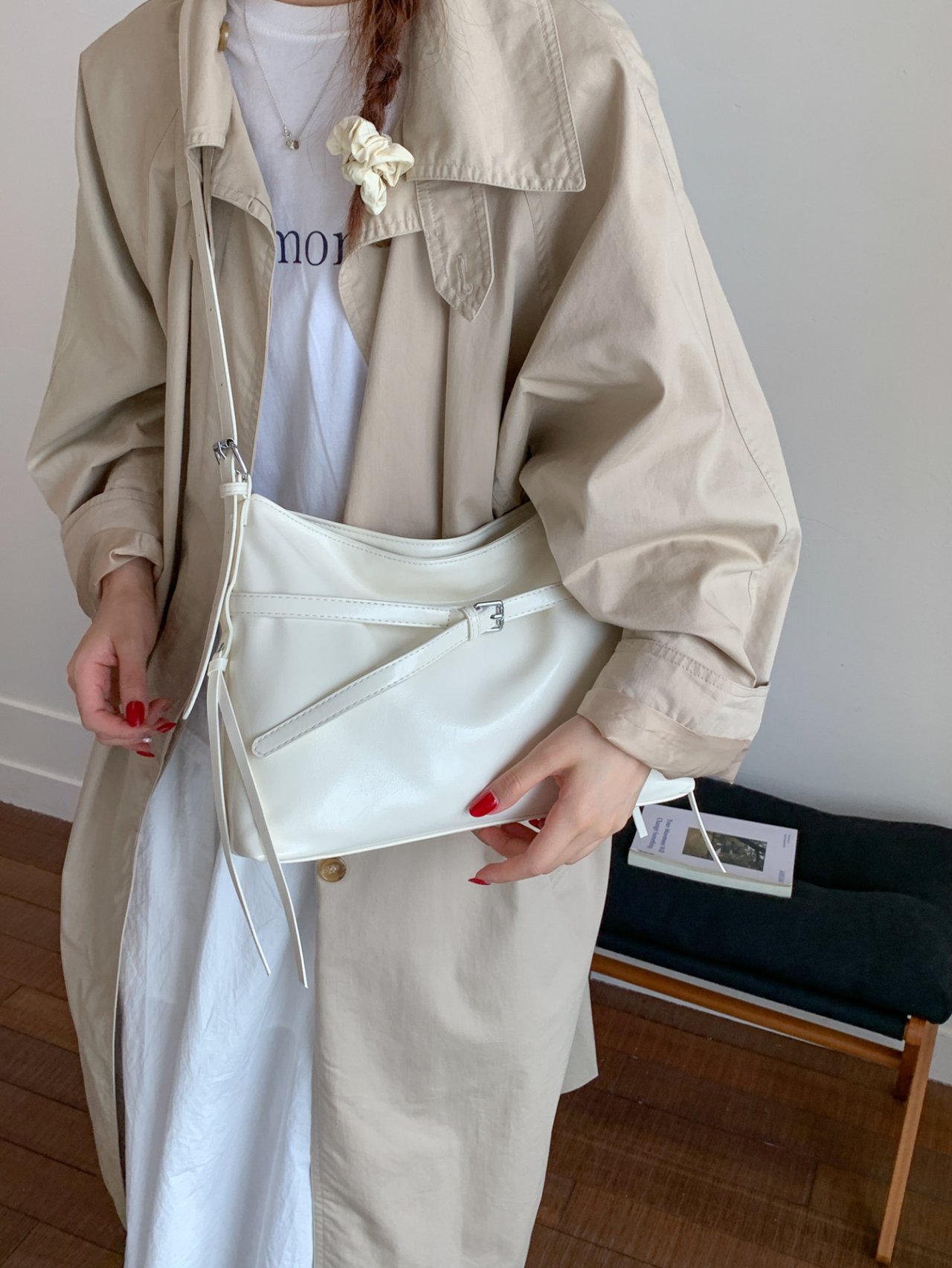 Off-White Crossbody Bag with Buckle  Detail