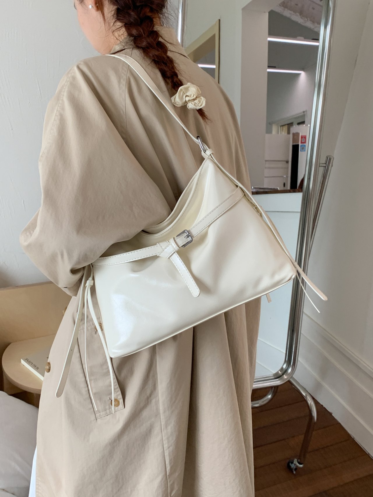 Off-White Crossbody Bag with Buckle  Detail