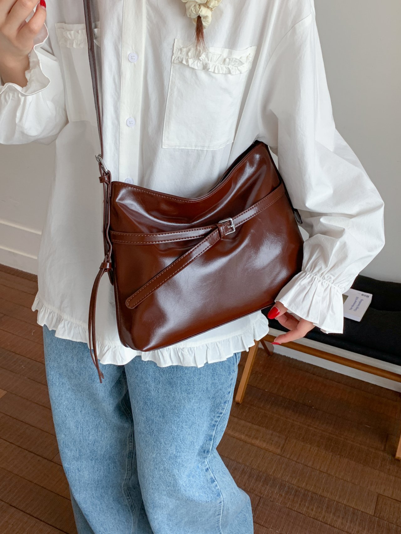 Coffee Brown Crossbody Bag with Buckle