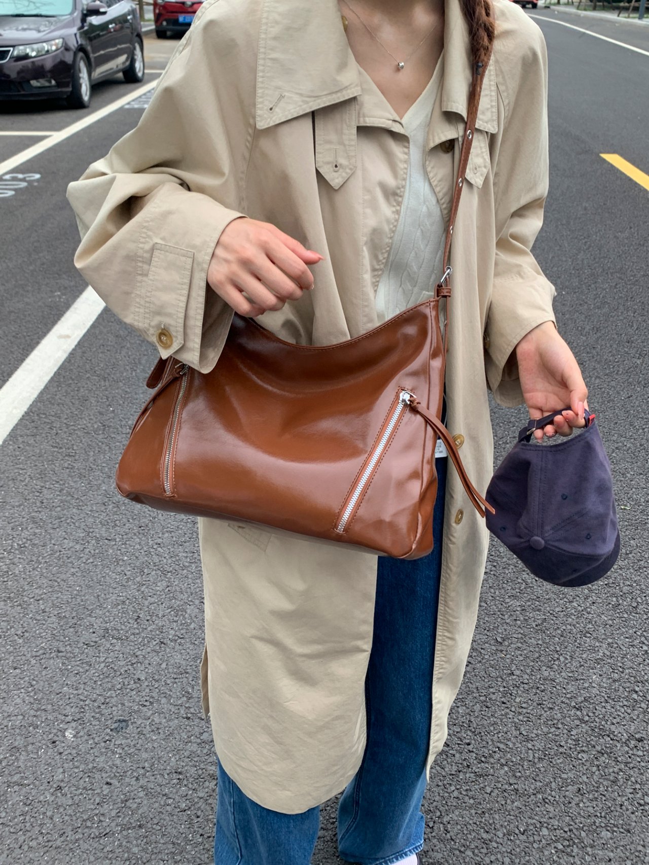 Brown Crossbody Bag with Zip Detail
