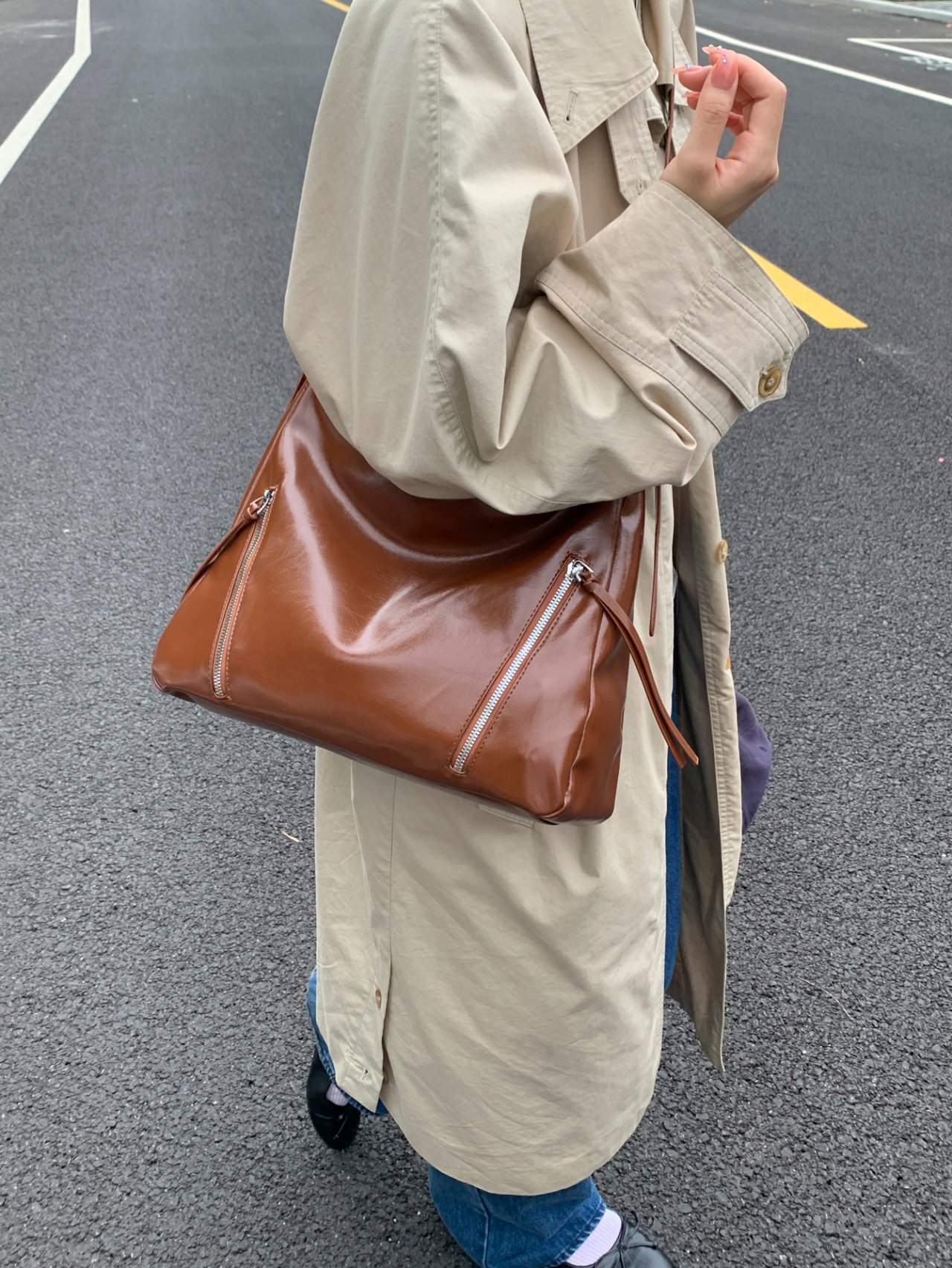 Brown Crossbody Bag with Zip Detail
