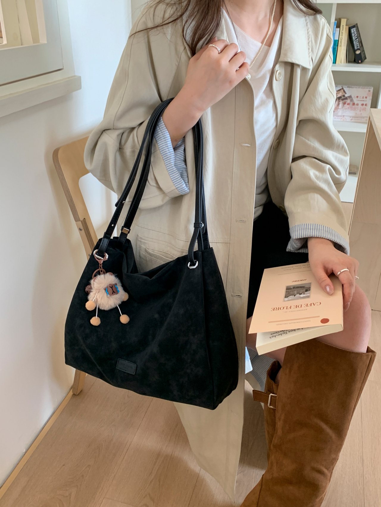 Black Suede Look Shoulder Bag