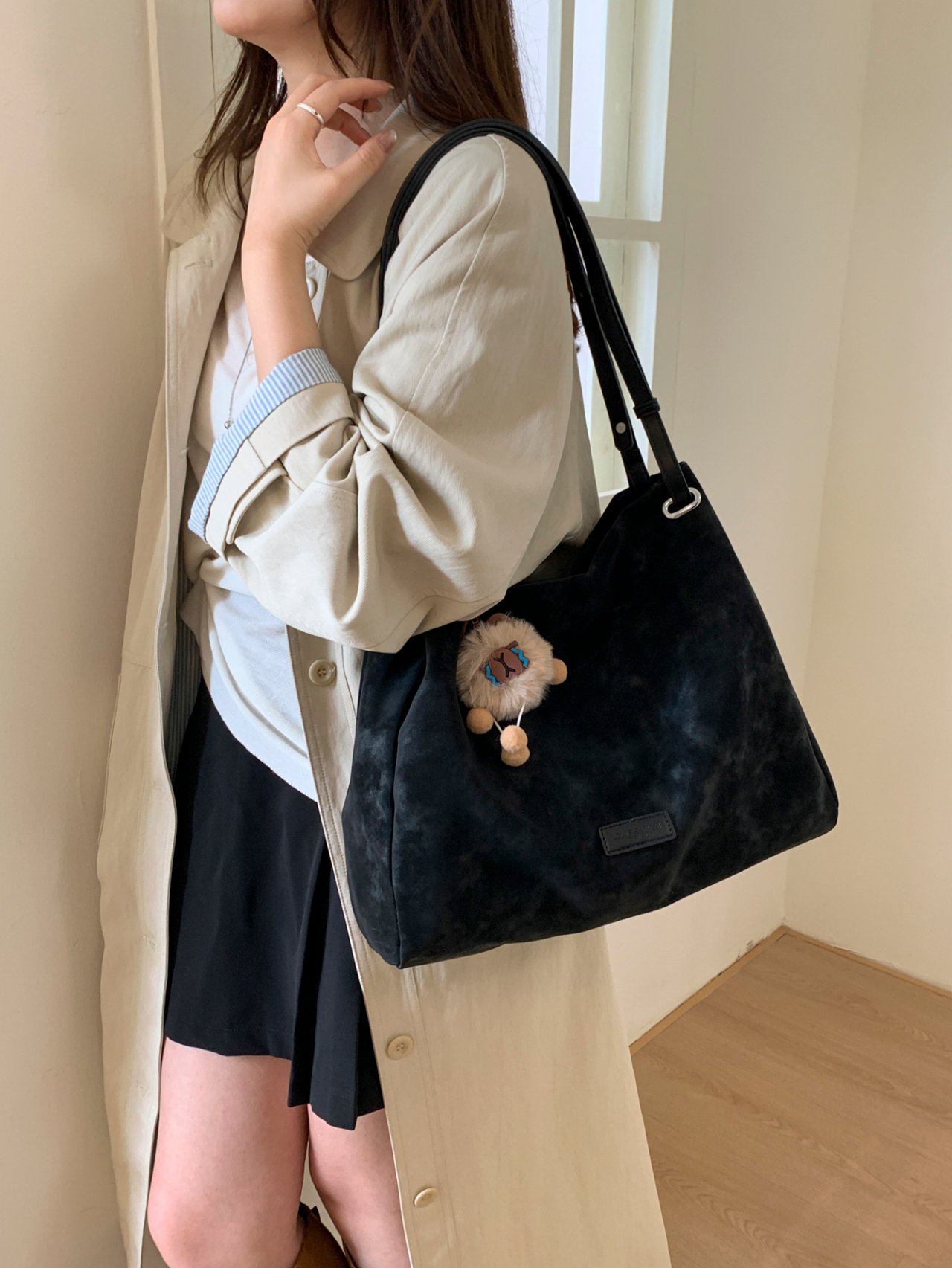 Black Suede Look Shoulder Bag