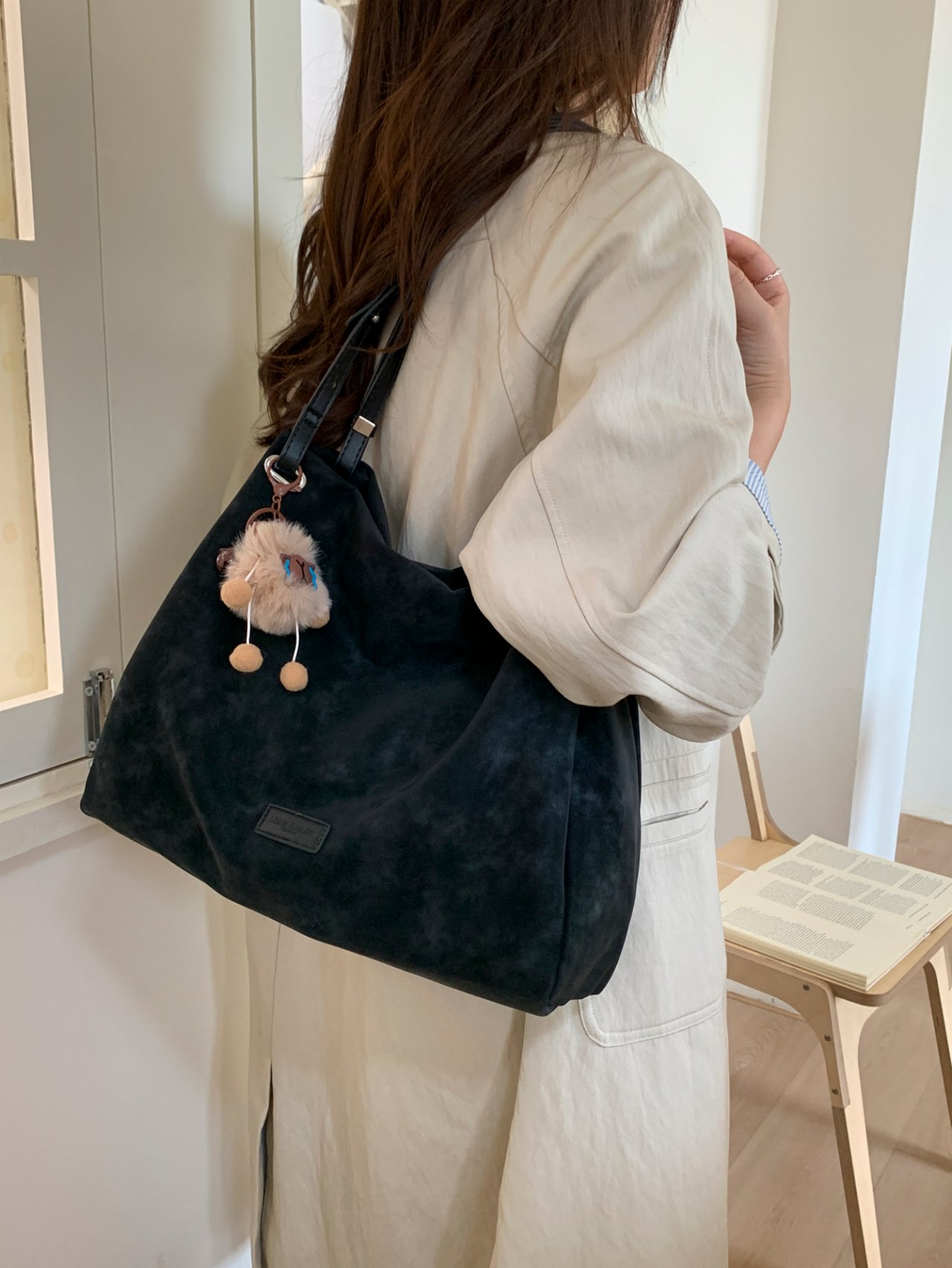 Black Suede Look Shoulder Bag