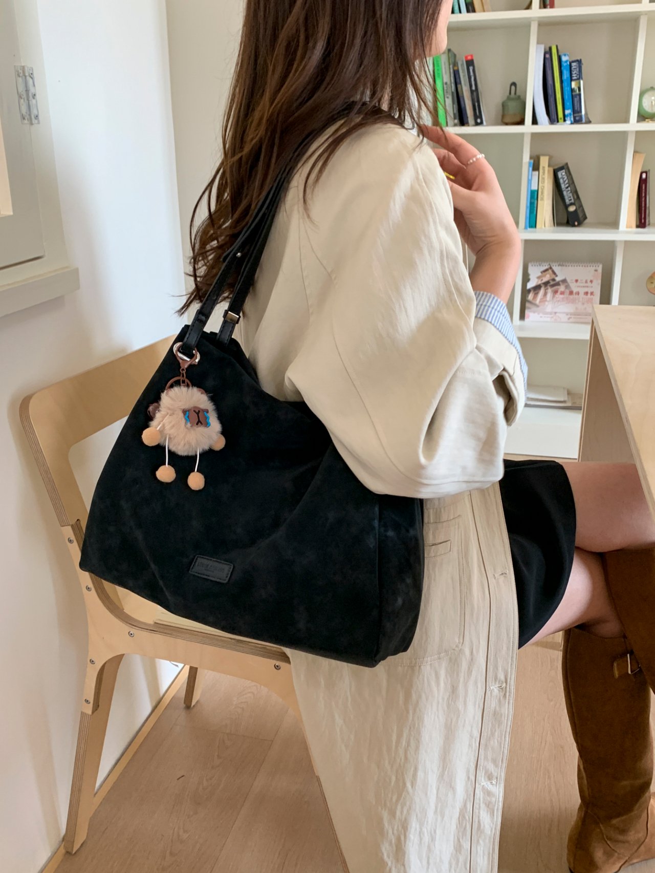 Black Suede Look Shoulder Bag