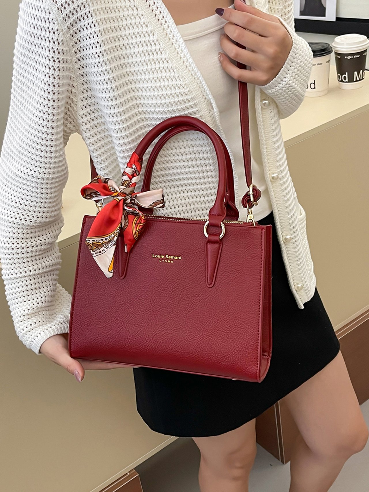 Red Crossbody Bag with Scarf Accent