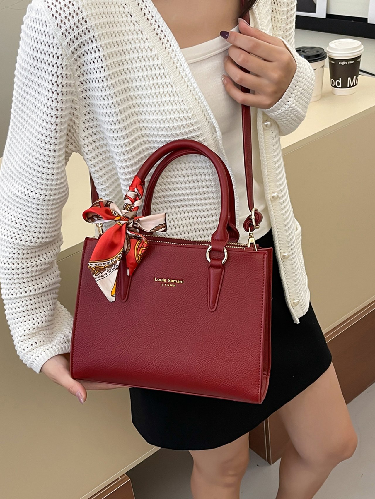Red Crossbody Bag with Scarf Accent