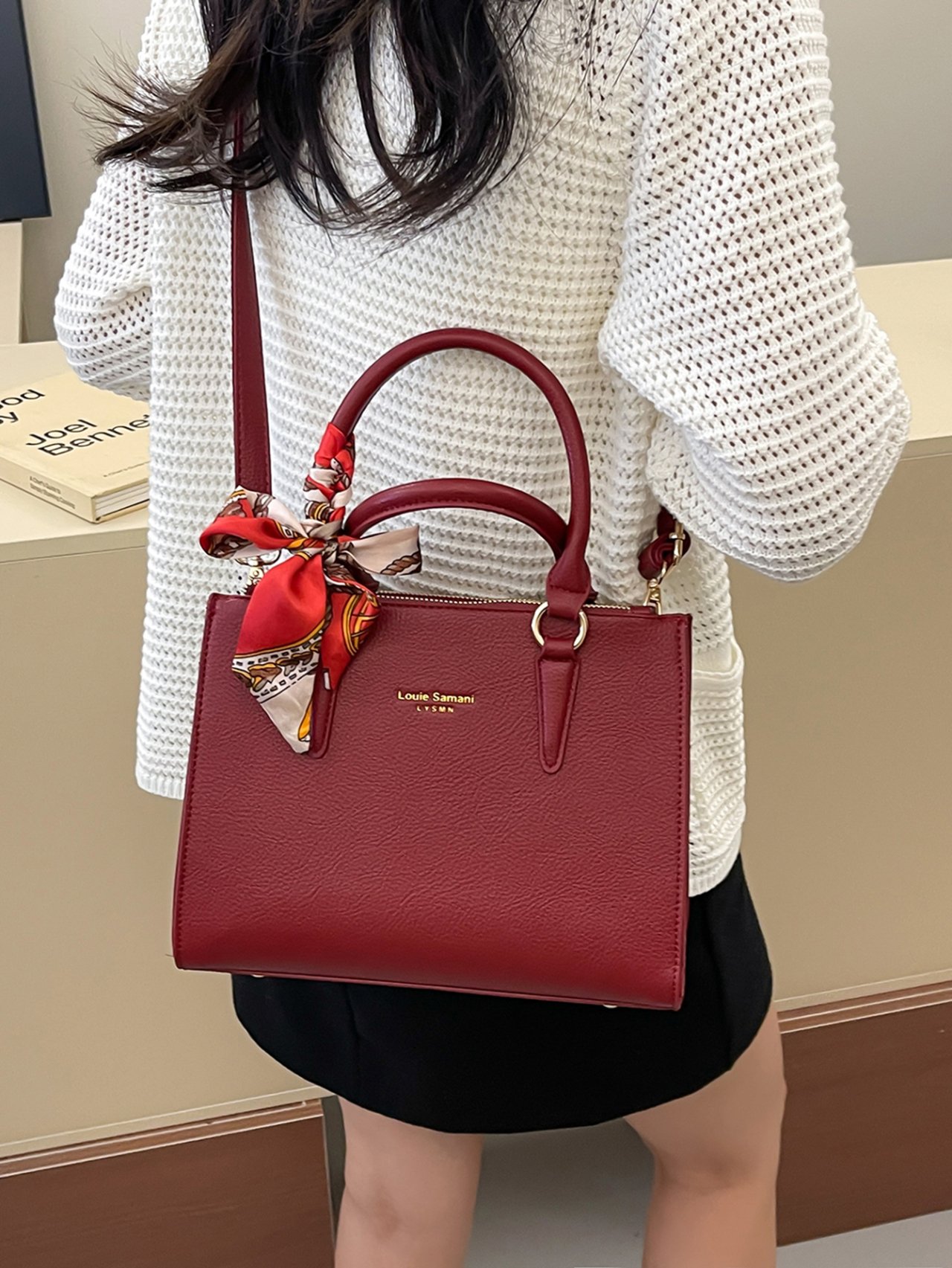 Red Crossbody Bag with Scarf Accent