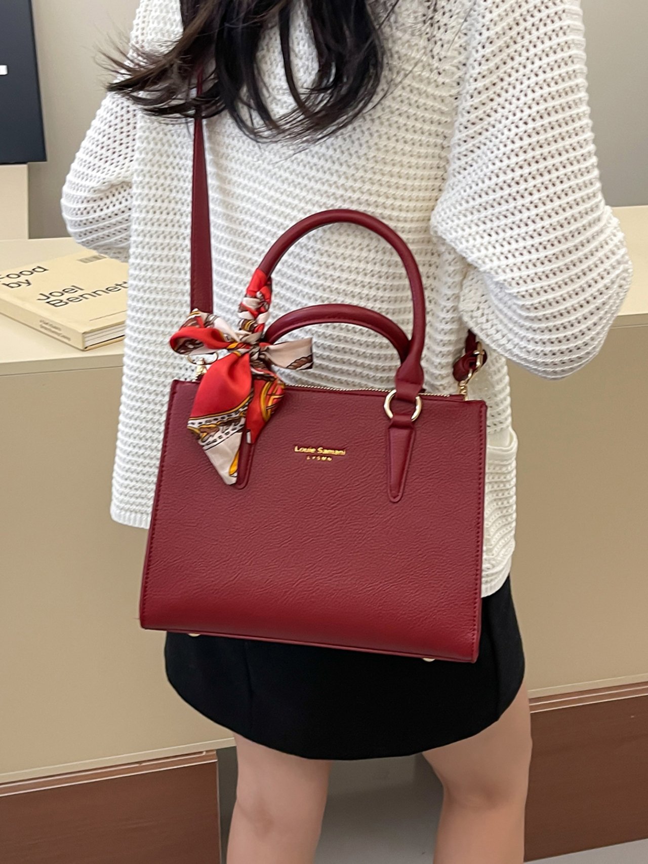 Red Crossbody Bag with Scarf Accent