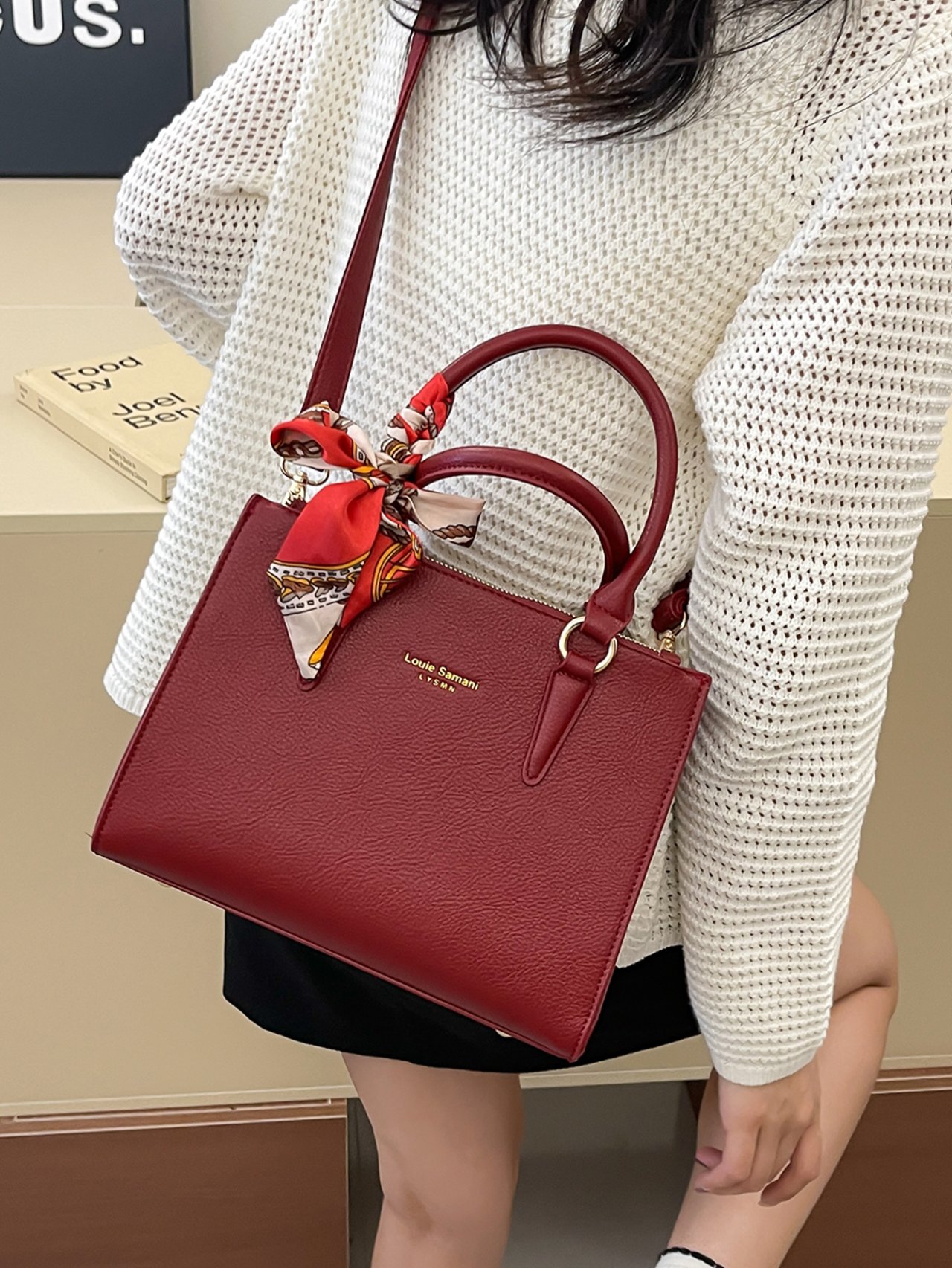 Red Crossbody Bag with Scarf Accent