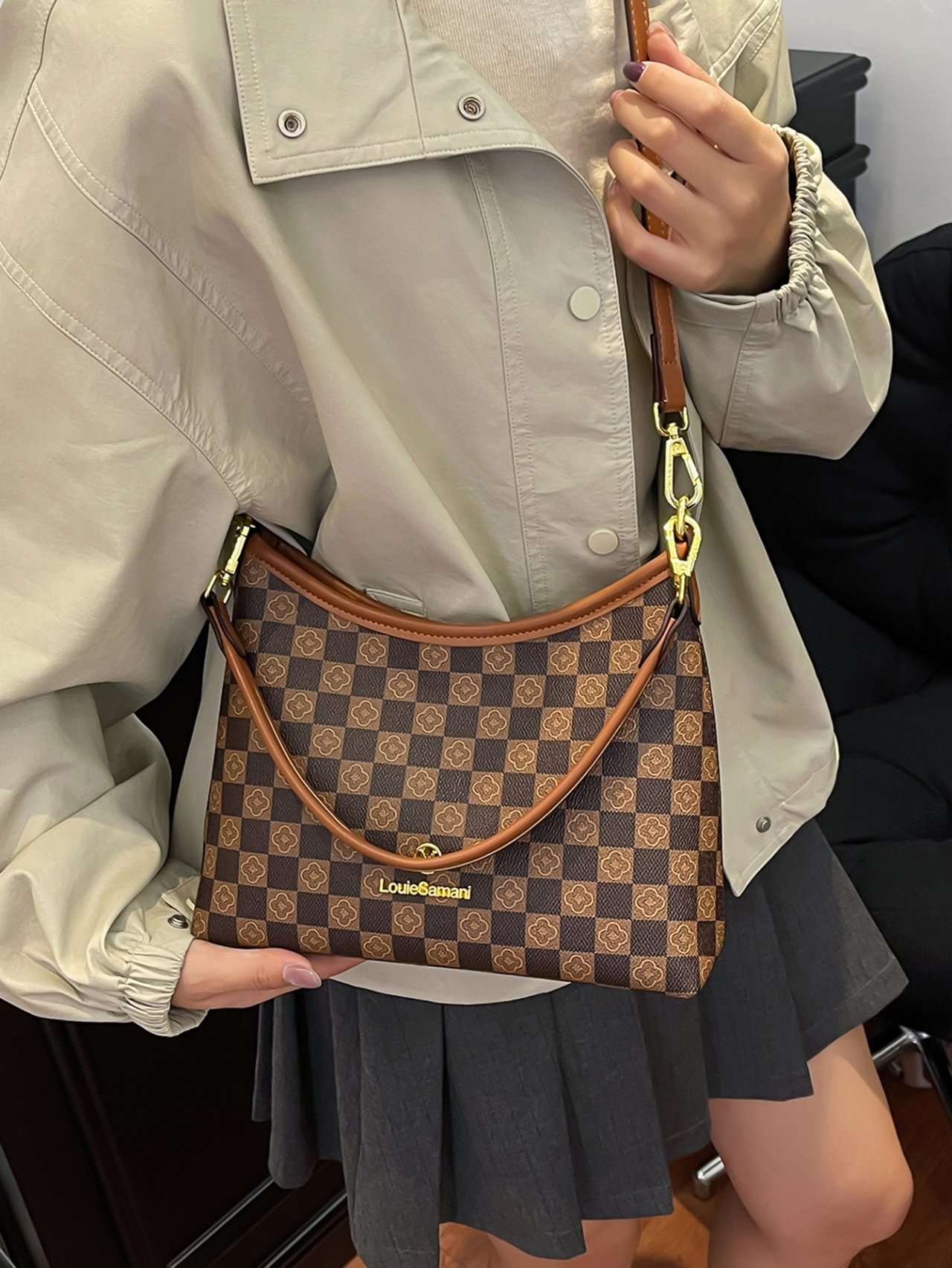 Coffee Brown Checkered Crossbody Bag