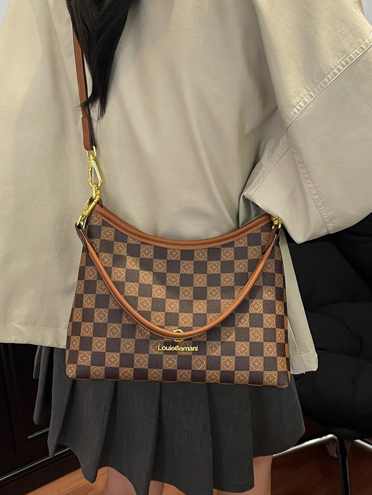 Coffee Brown Checkered Crossbody Bag