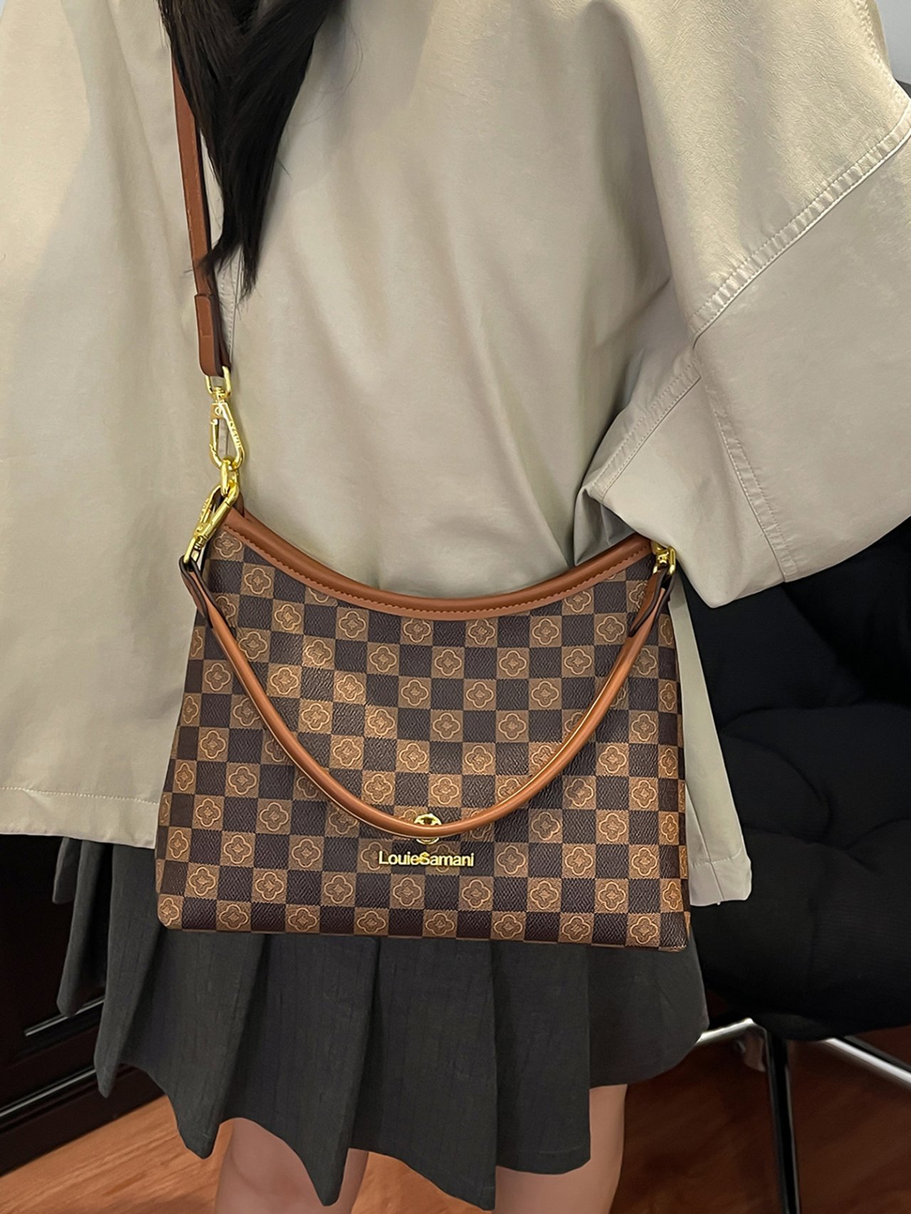 Coffee Brown Checkered Crossbody Bag