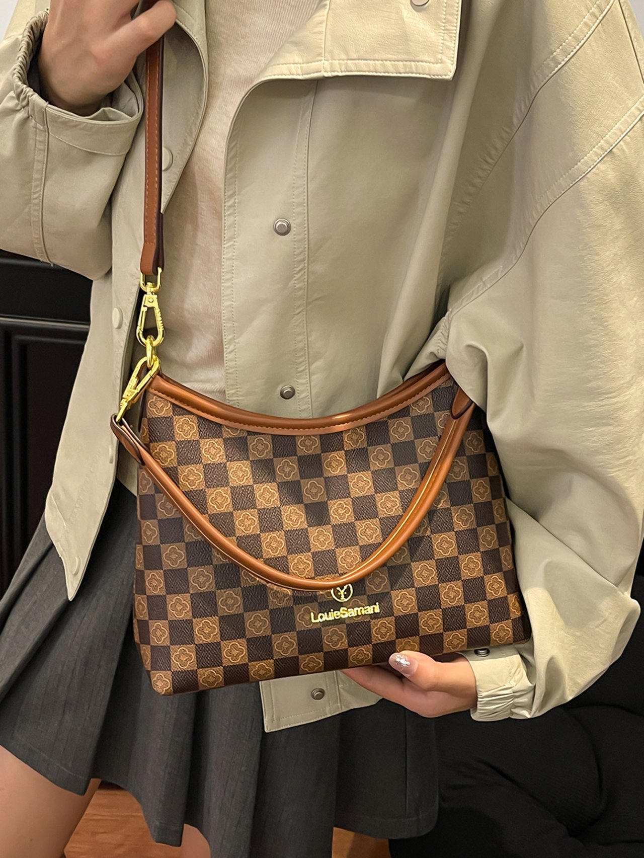 Coffee Brown Checkered Crossbody Bag