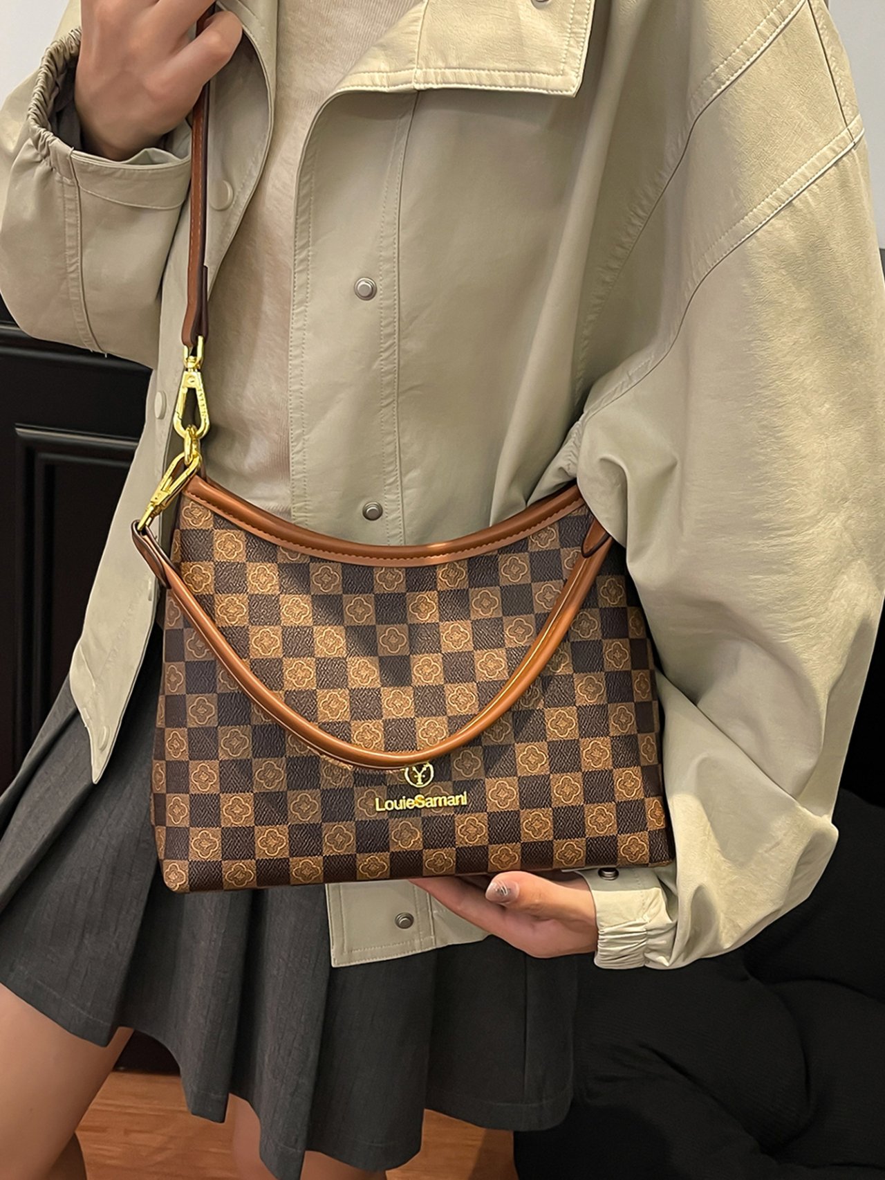 Coffee Brown Checkered Crossbody Bag