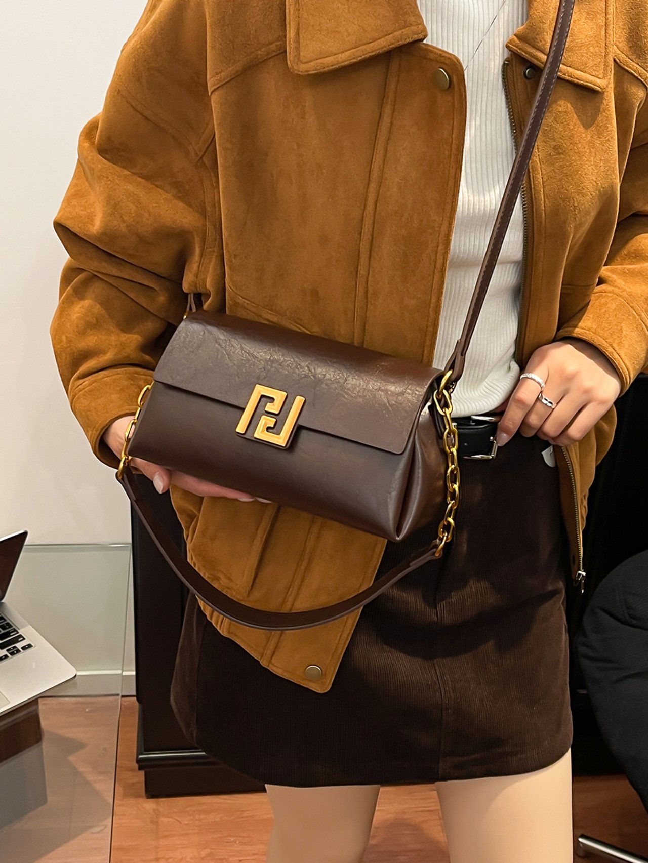 Coffee Brown Crossbody Bag with Flap
