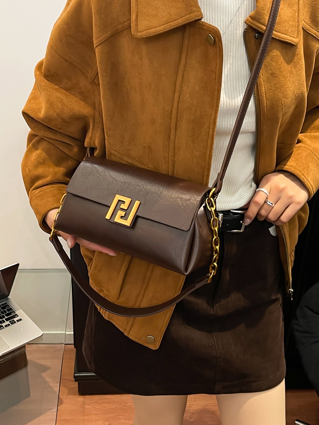Coffee Brown Crossbody Bag with Flap