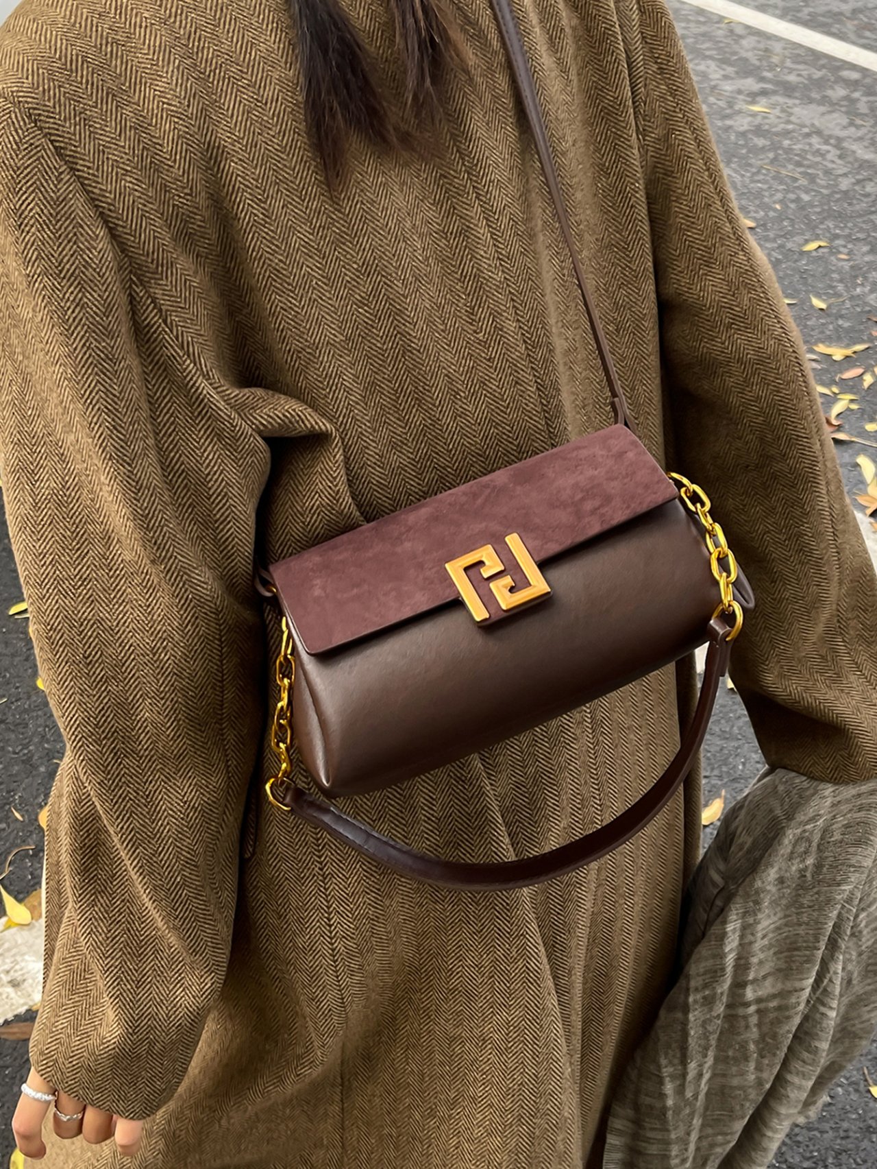 Grey Crossbody Bag with Gold Hardware