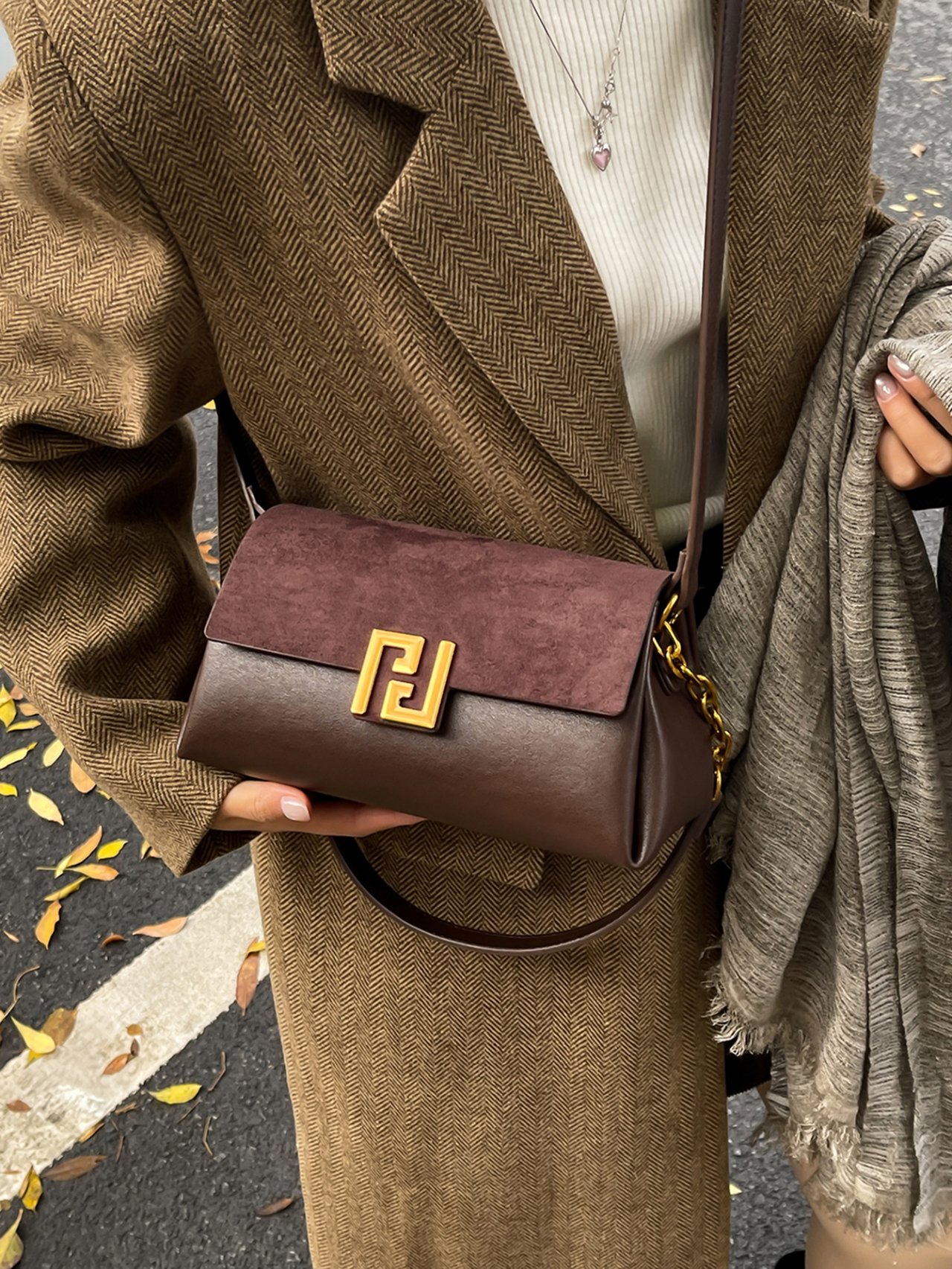 Grey Crossbody Bag with Gold Hardware