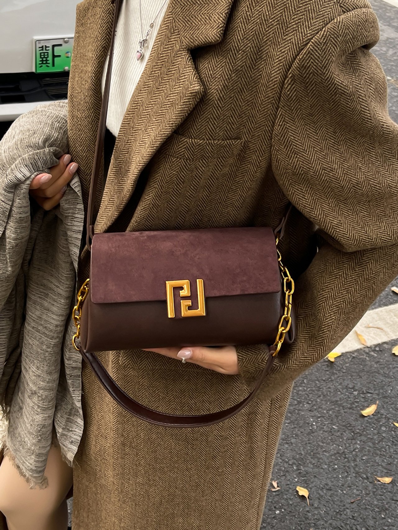 Grey Crossbody Bag with Gold Hardware