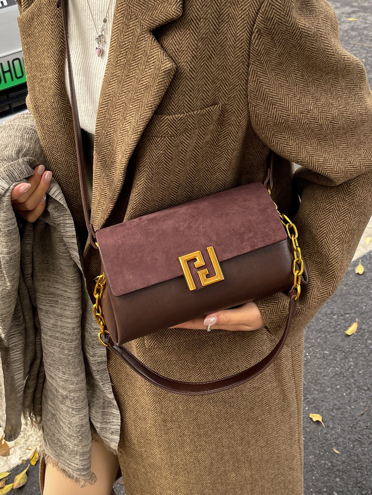 Grey Crossbody Bag with Gold Hardware