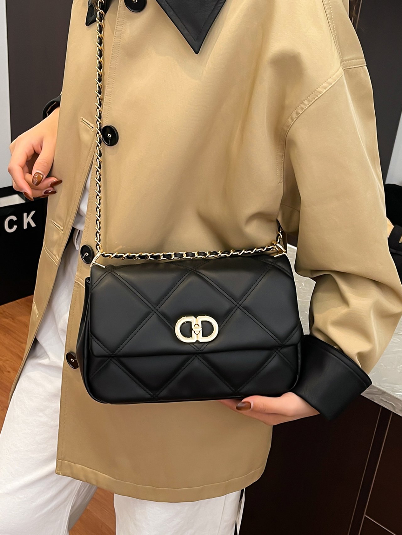 Black Quilted Crossbody Bag with Gold Chain