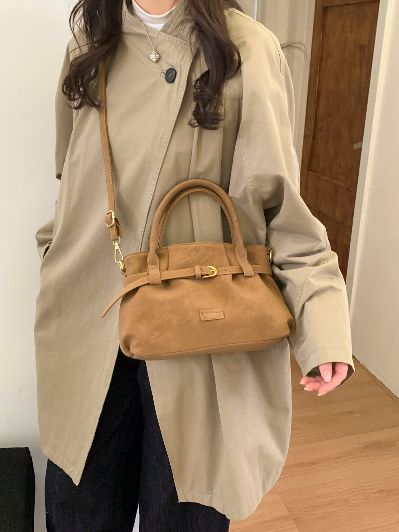 Brown Suede Crossbody Bag with Buckle Detail