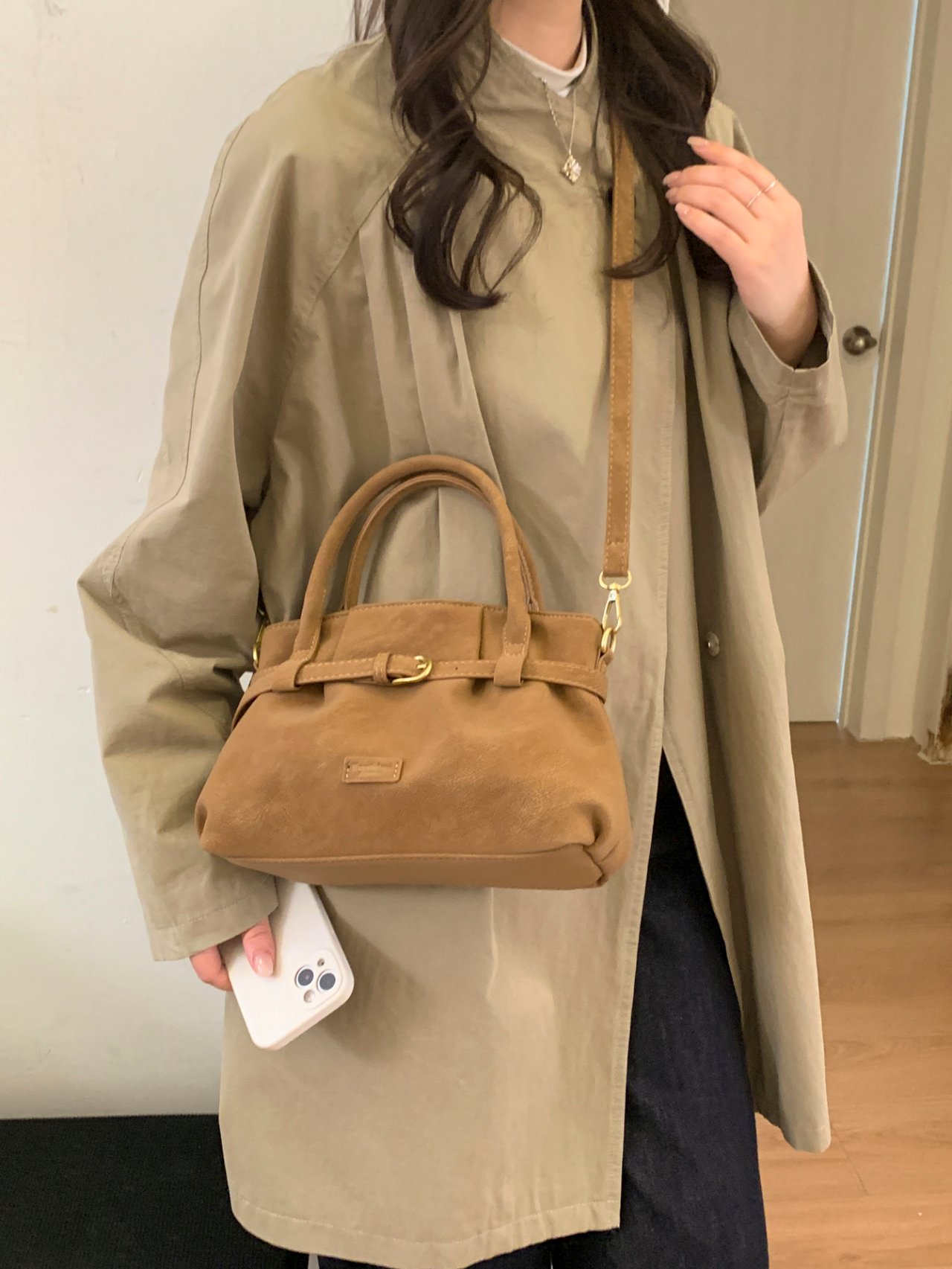 Brown Suede Crossbody Bag with Buckle Detail