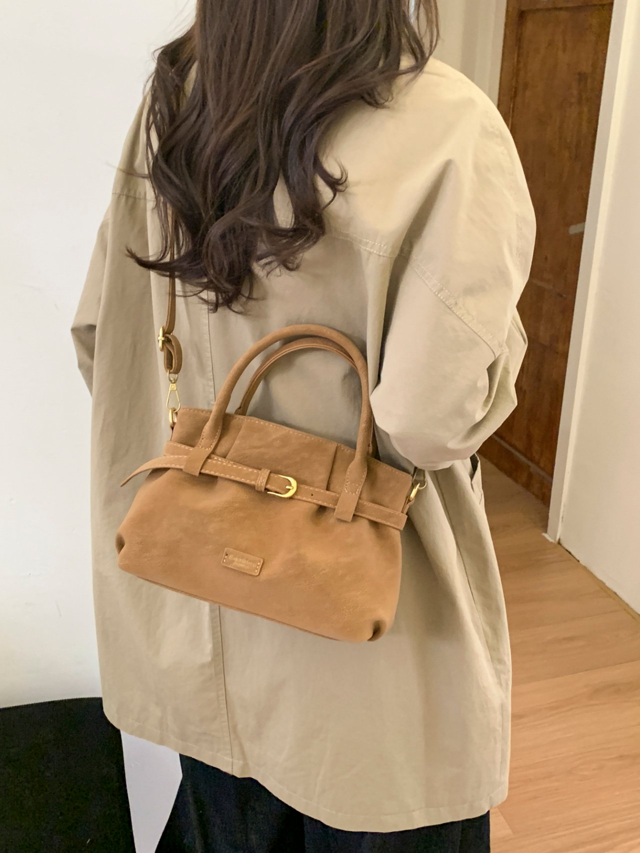 Brown Suede Crossbody Bag with Buckle Detail