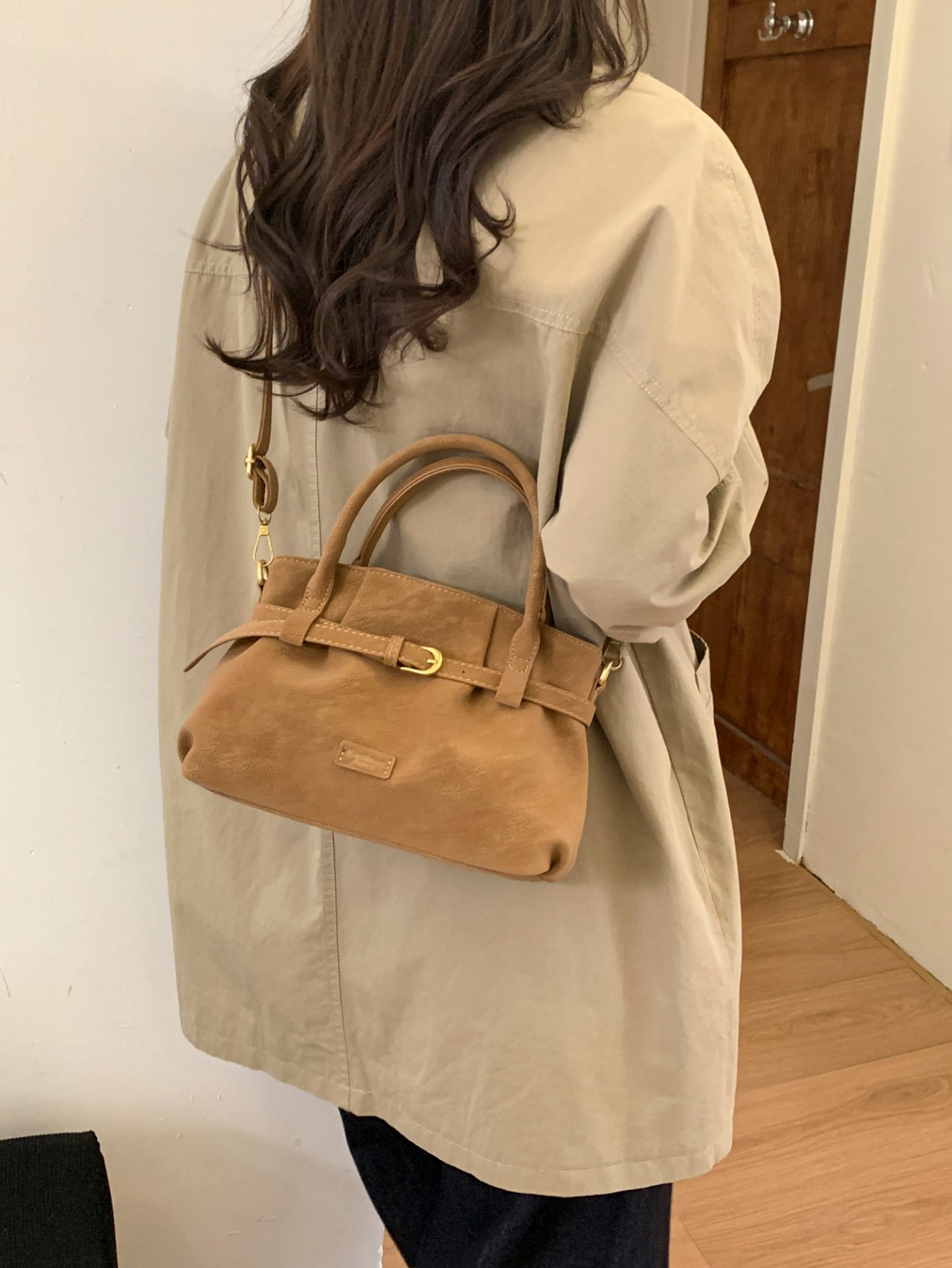 Brown Suede Crossbody Bag with Buckle Detail