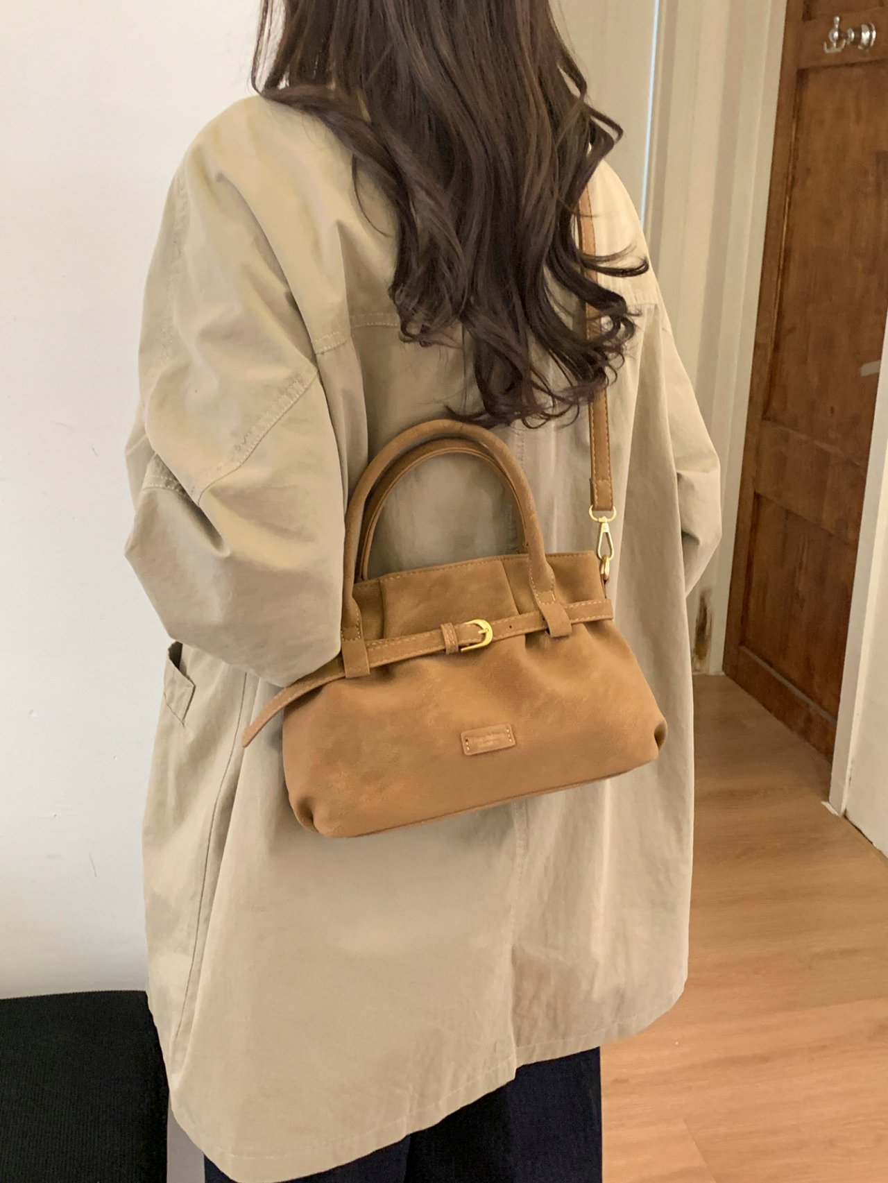 Brown Suede Crossbody Bag with Buckle Detail