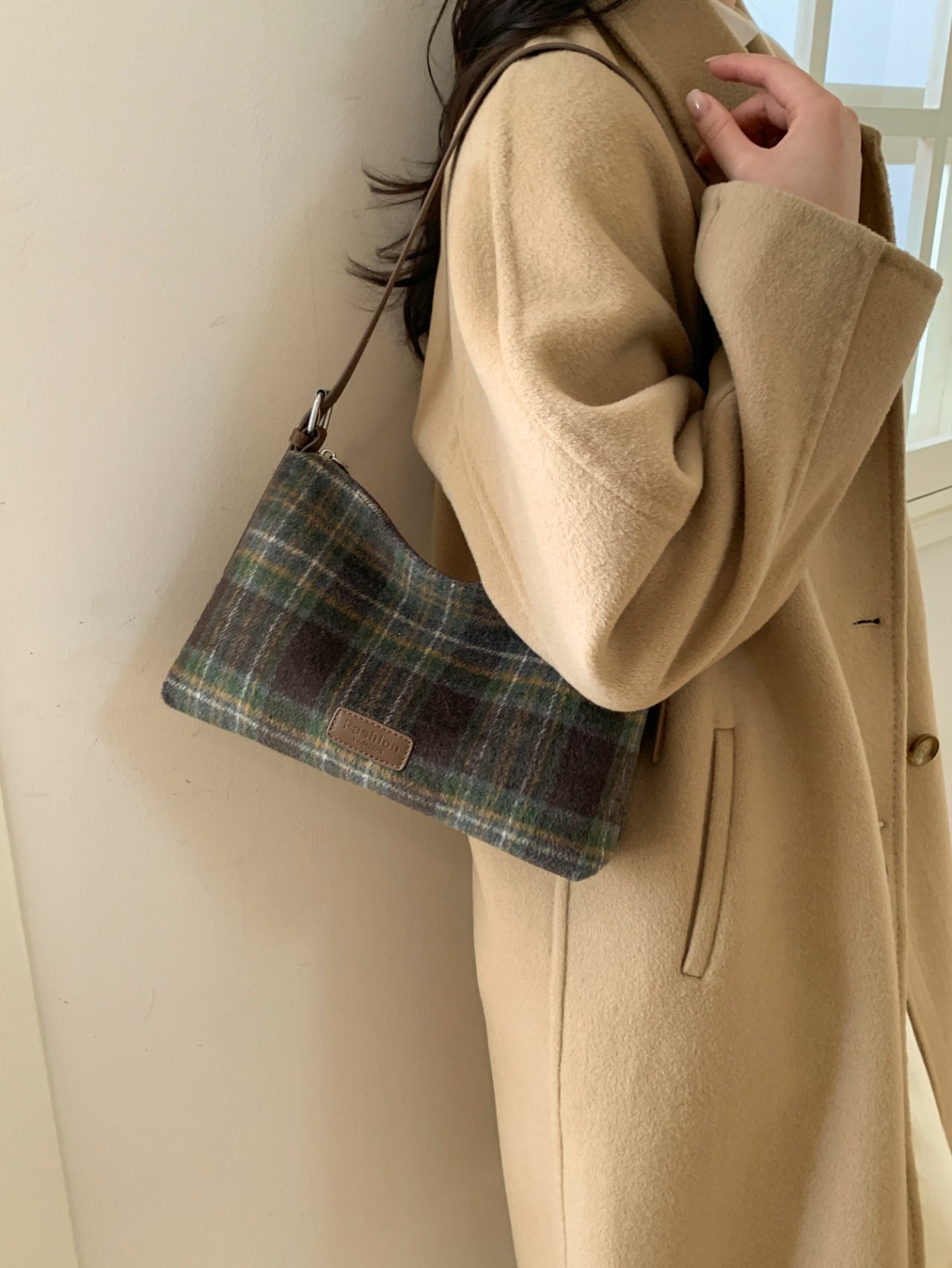 Green Plaid Wool Shoulder Bag