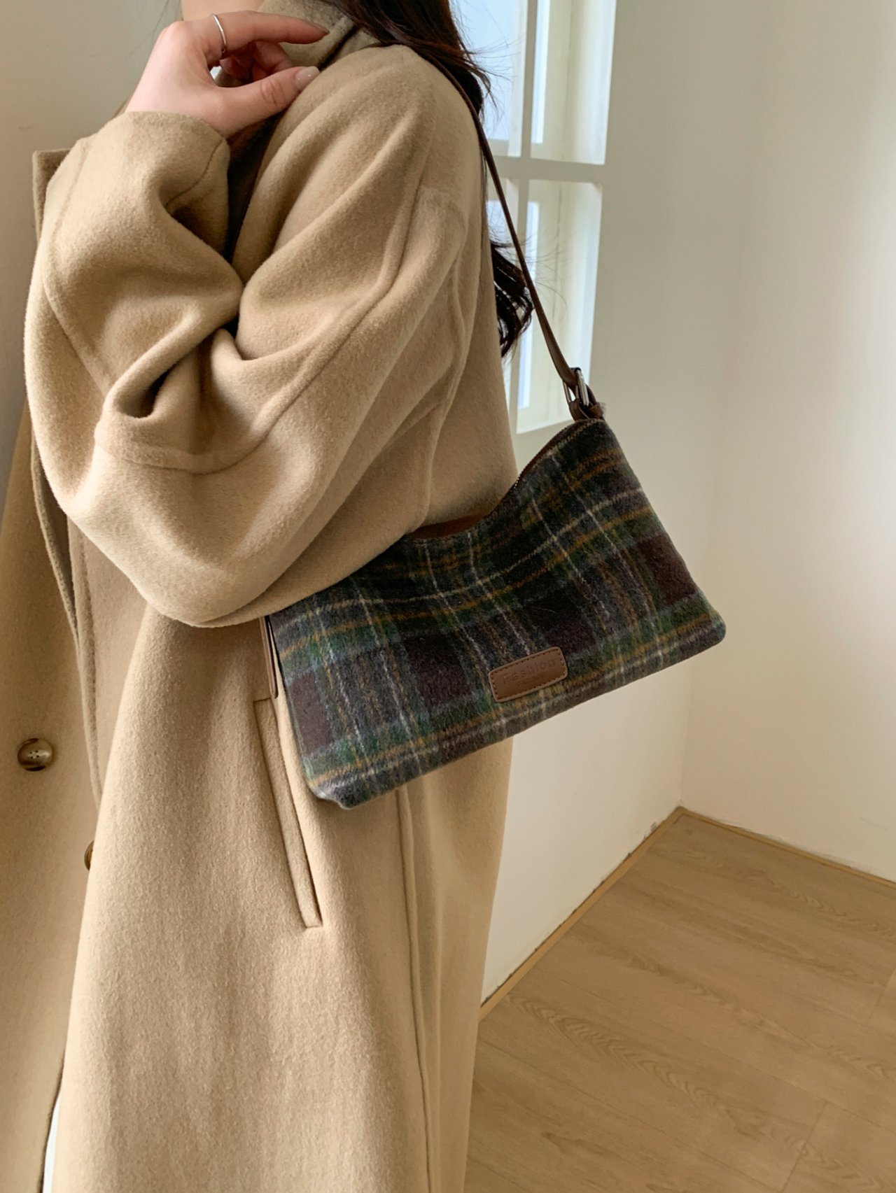 Green Plaid Wool Shoulder Bag
