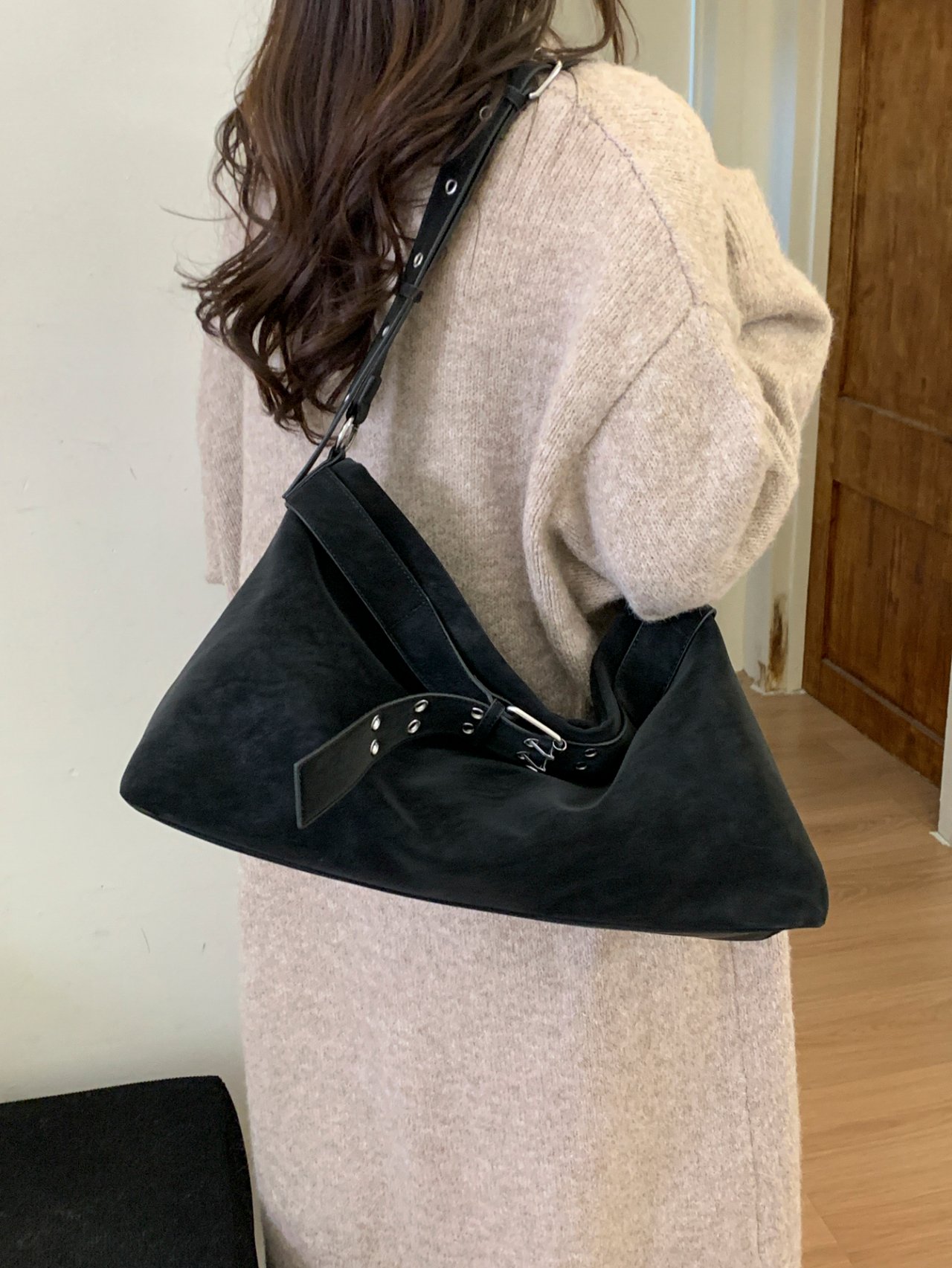 Black Suede Look Shoulder Bag with Buckle