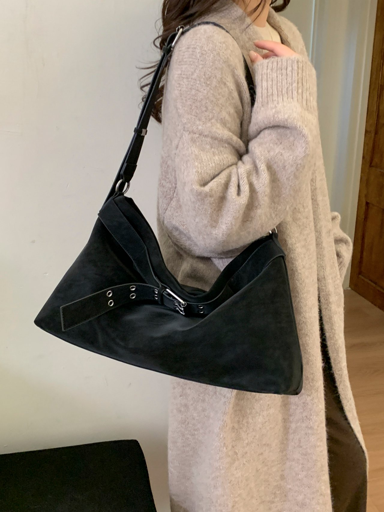 Black Suede Look Shoulder Bag with Buckle