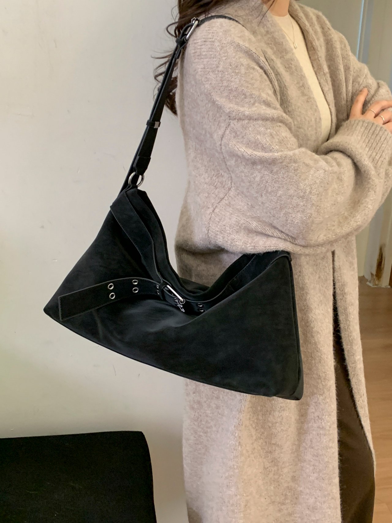 Black Suede Look Shoulder Bag with Buckle