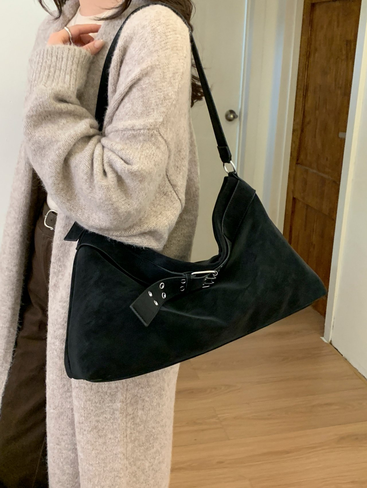 Black Suede Look Shoulder Bag with Buckle
