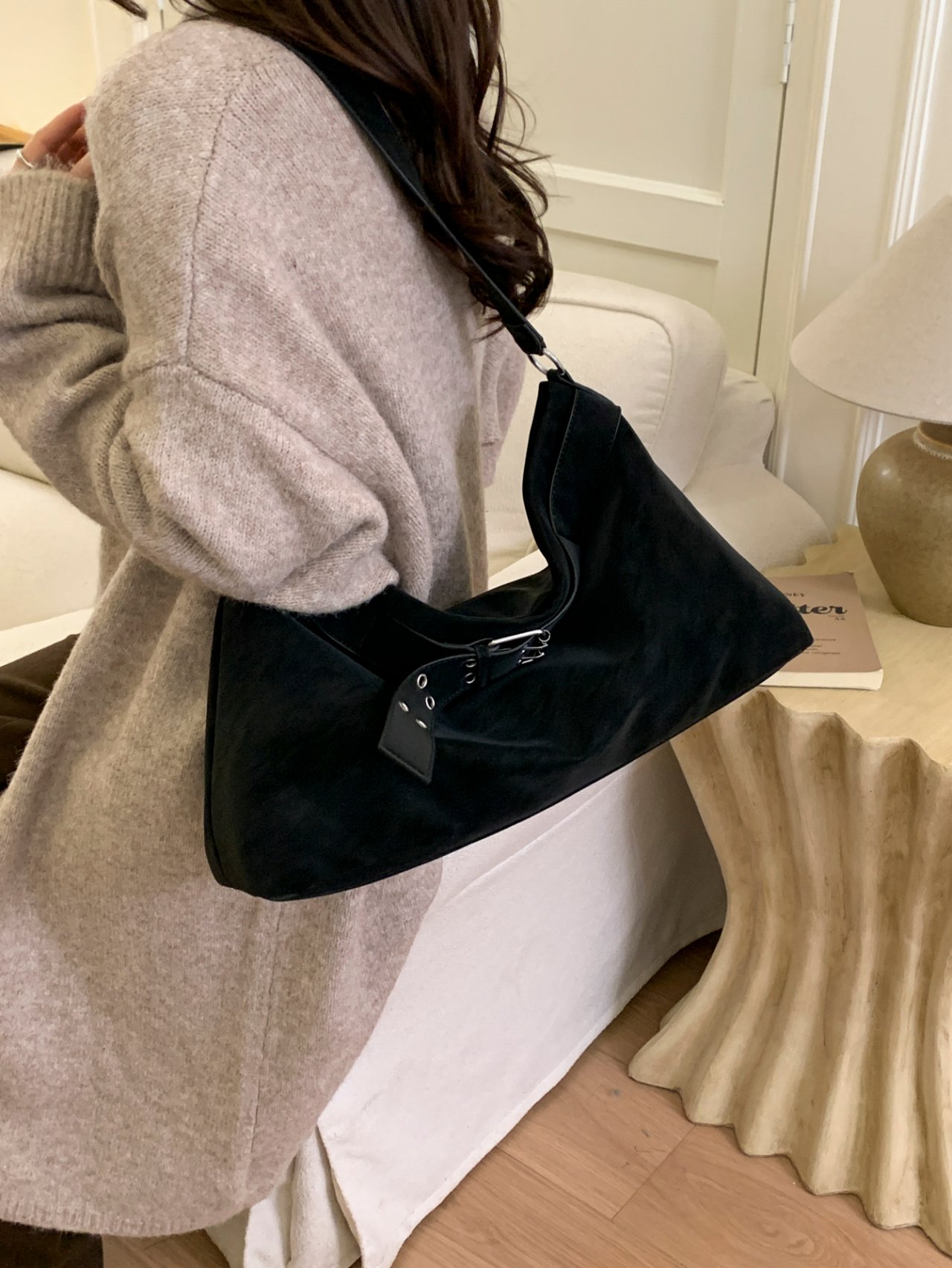 Black Suede Look Shoulder Bag with Buckle