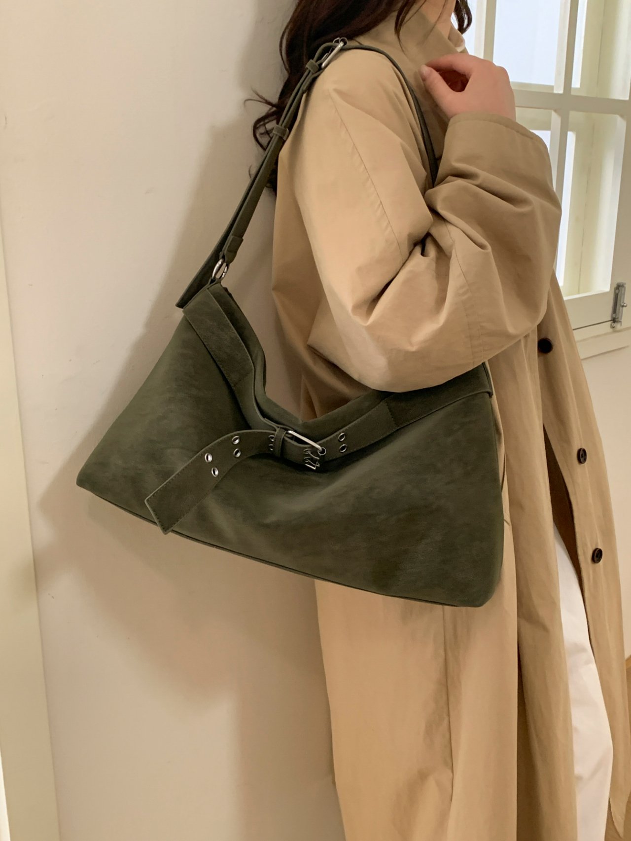 Green Suede-Look Shoulder Bag