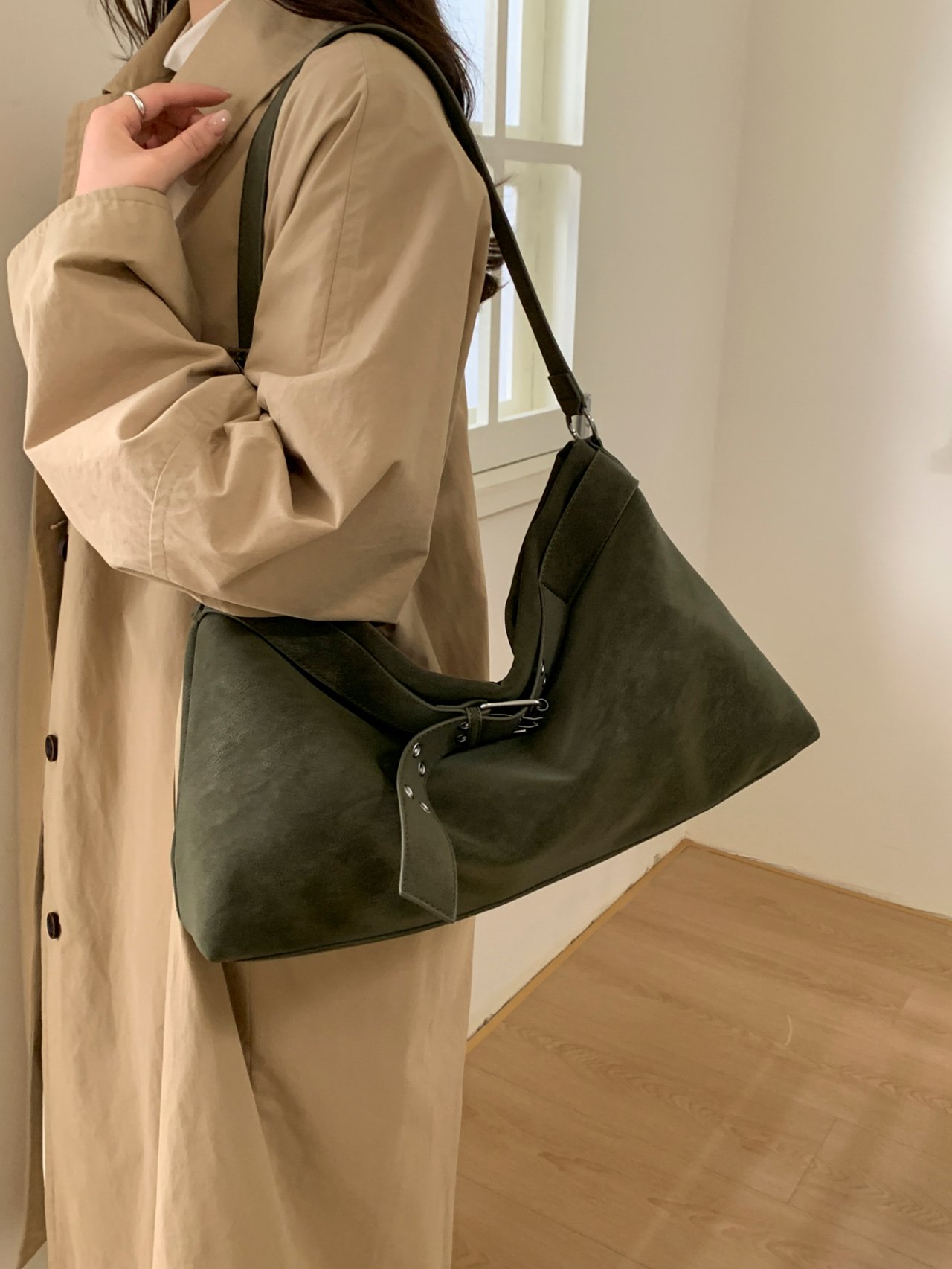 Green Suede-Look Shoulder Bag