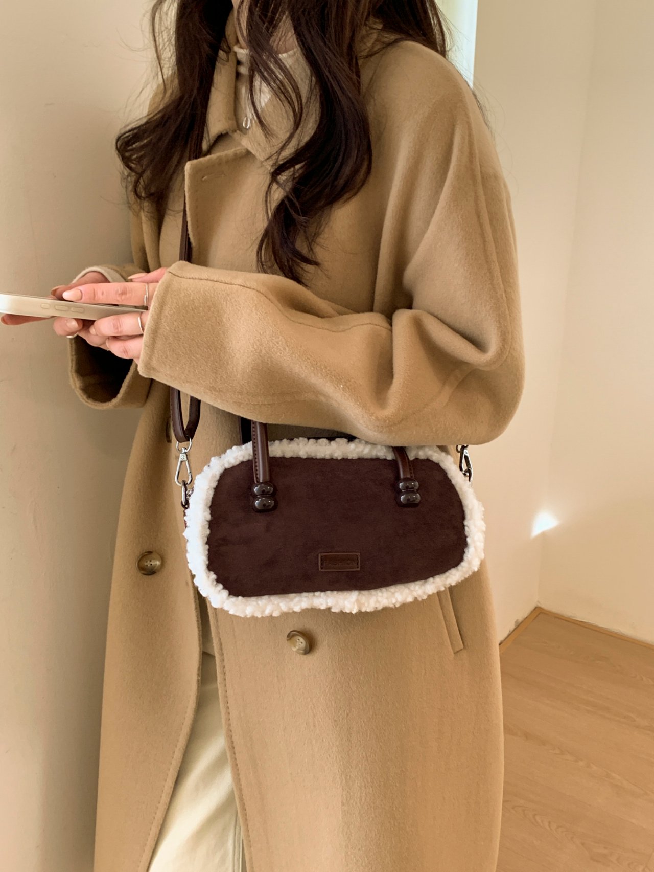 Coffee Brown Sherpa Trim Crossbody Bag