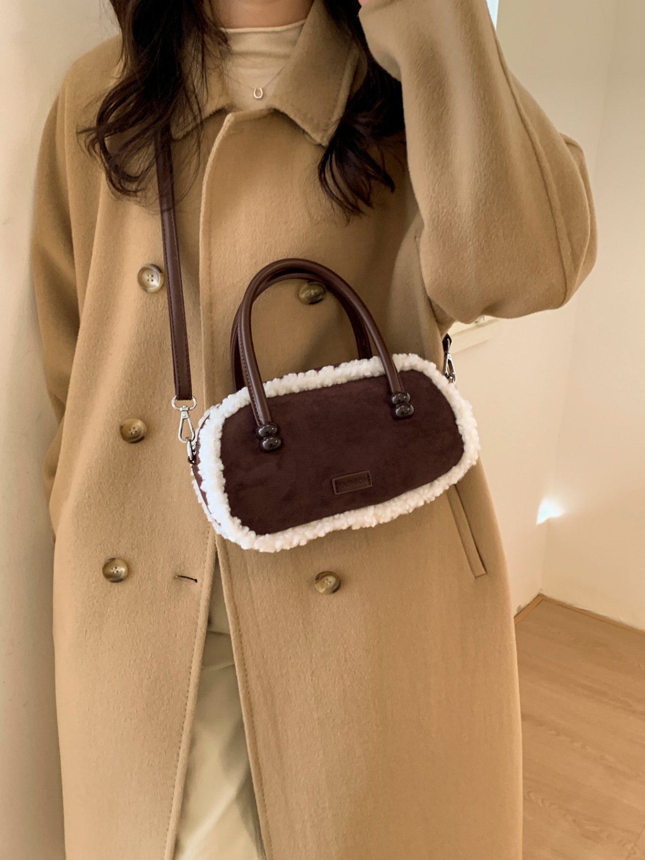 Coffee Brown Sherpa Trim Crossbody Bag