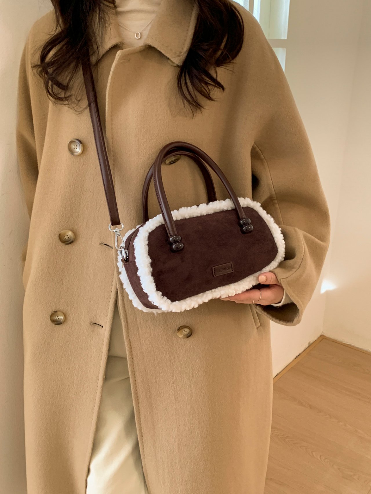 Coffee Brown Sherpa Trim Crossbody Bag