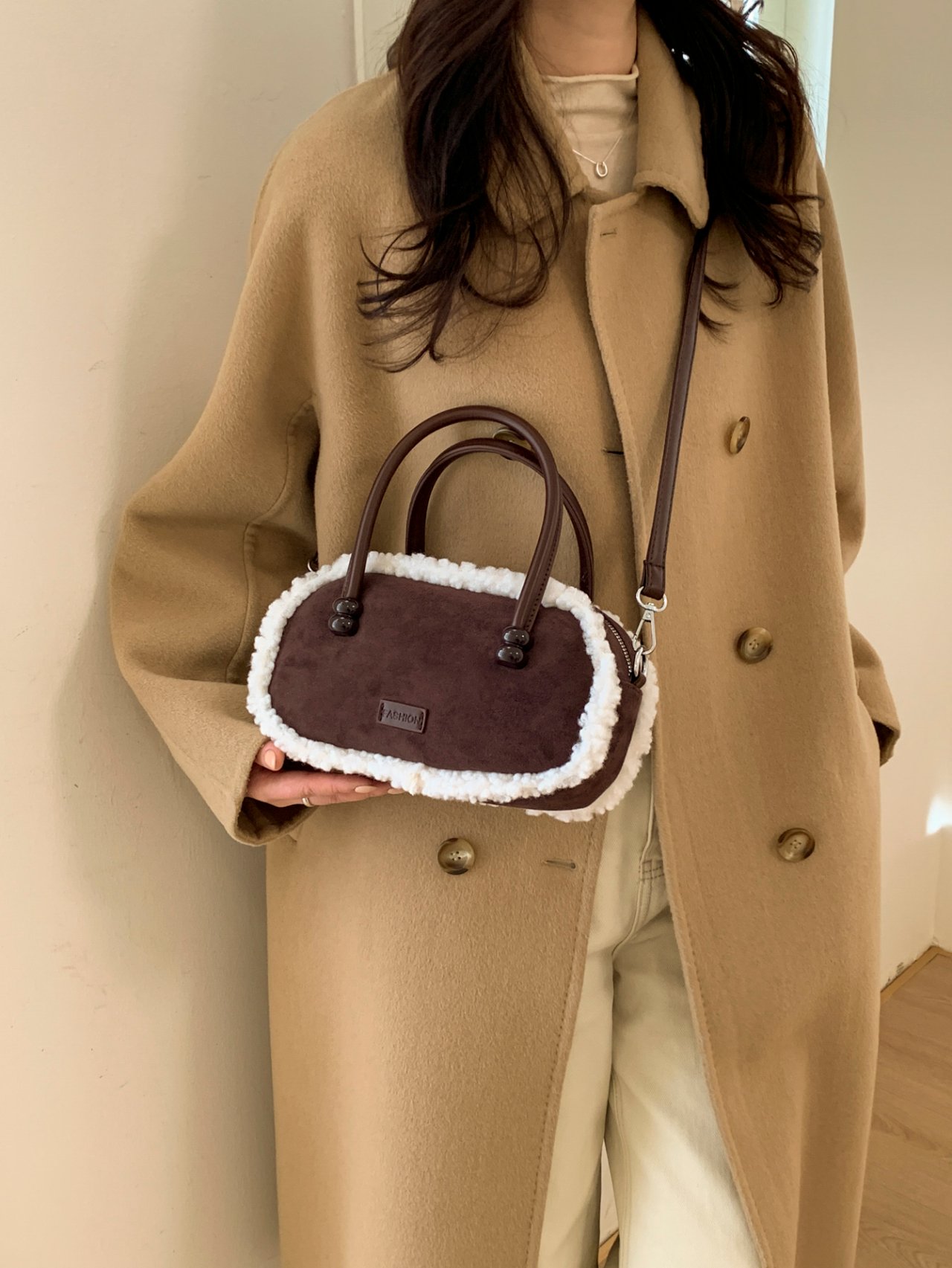 Coffee Brown Sherpa Trim Crossbody Bag