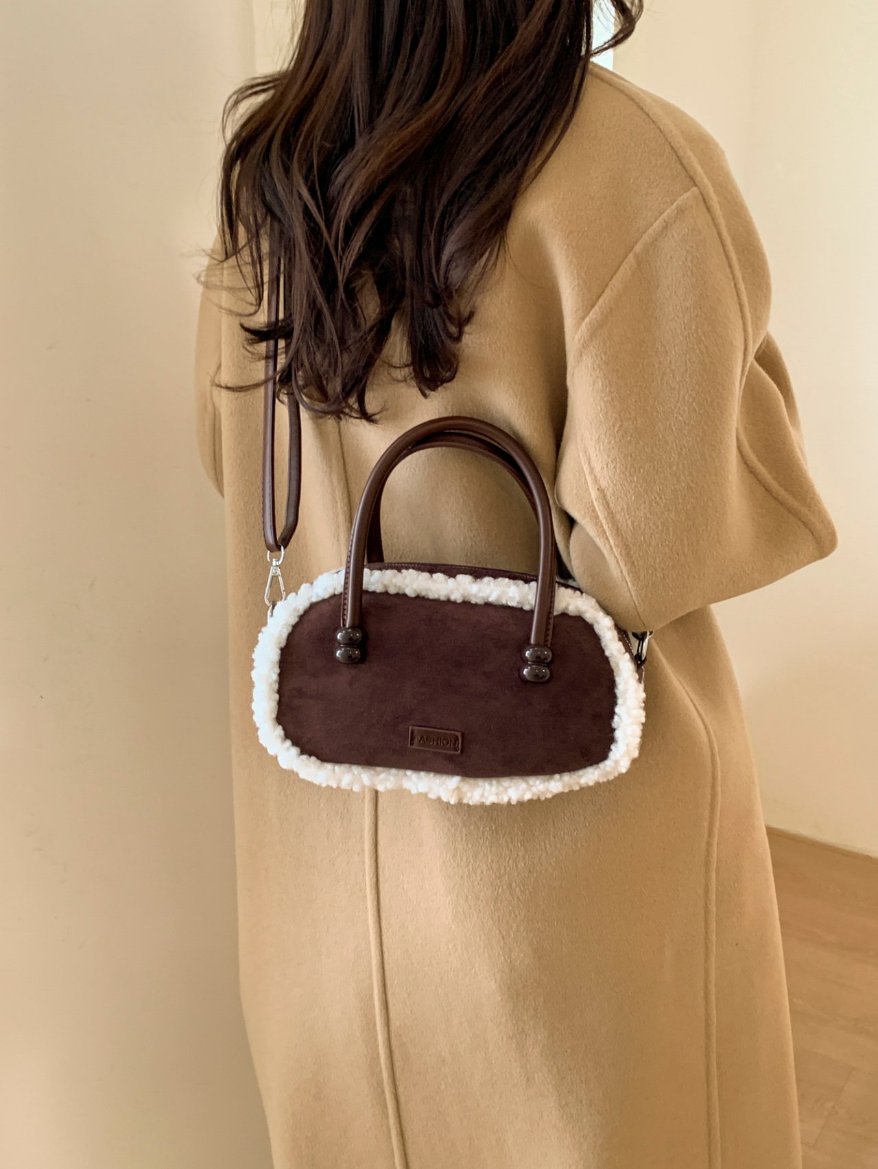 Coffee Brown Sherpa Trim Crossbody Bag