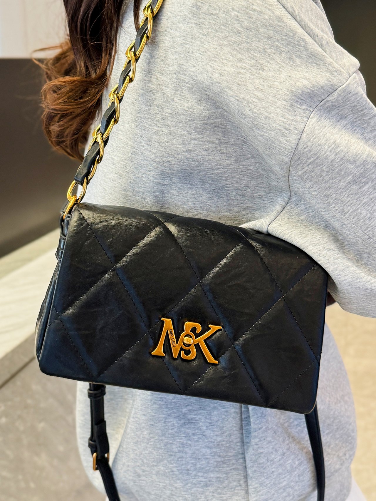 Black Quilted Crossbody Bag with Chain Strap