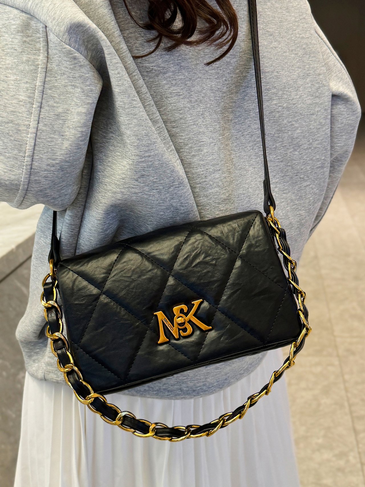 Black Quilted Crossbody Bag with Chain Strap