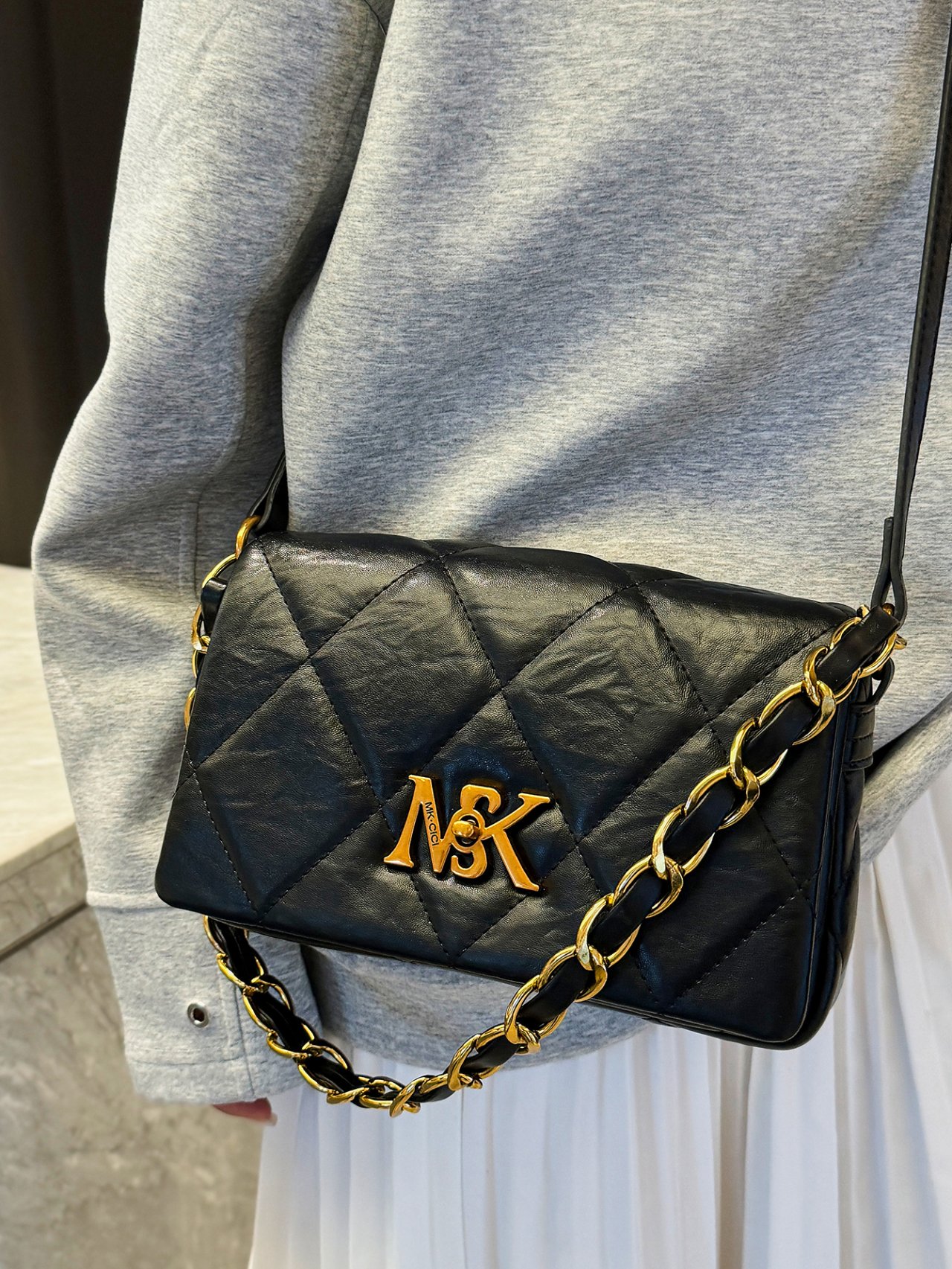 Black Quilted Crossbody Bag with Chain Strap